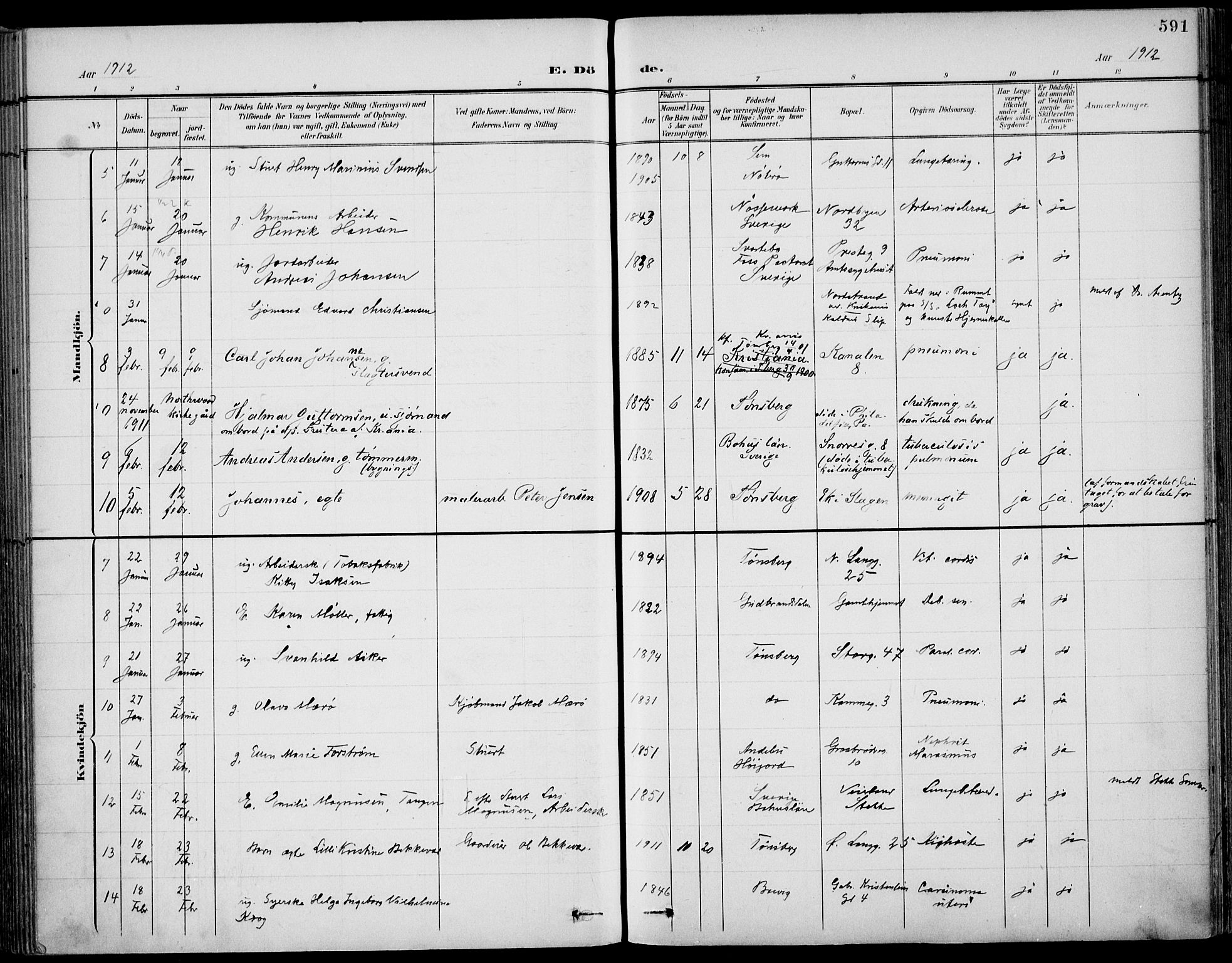 Tønsberg kirkebøker, AV/SAKO-A-330/F/Fa/L0013: Parish register (official) no. I 13, 1900-1913, p. 591