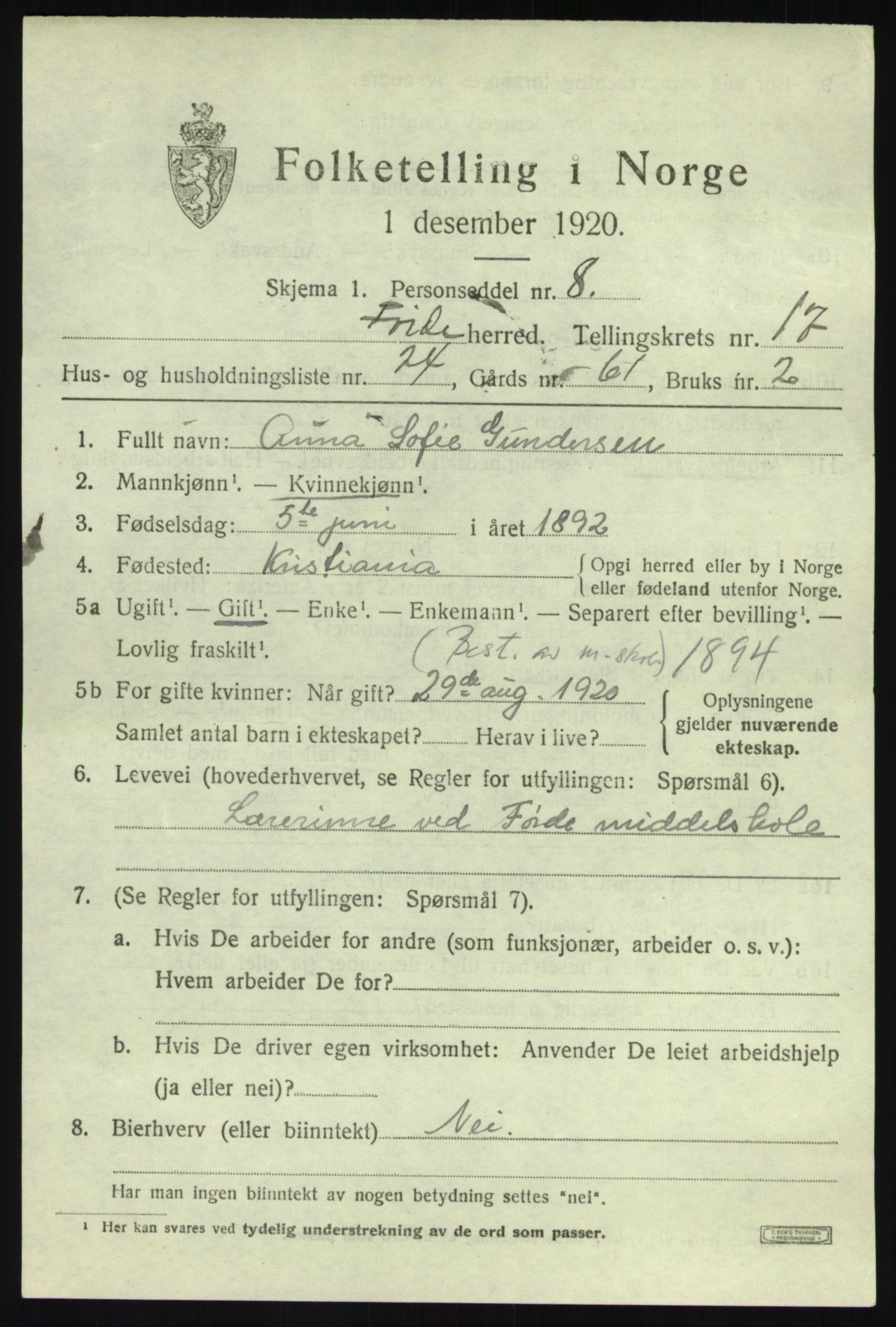 SAB, 1920 census for Førde, 1920, p. 6070