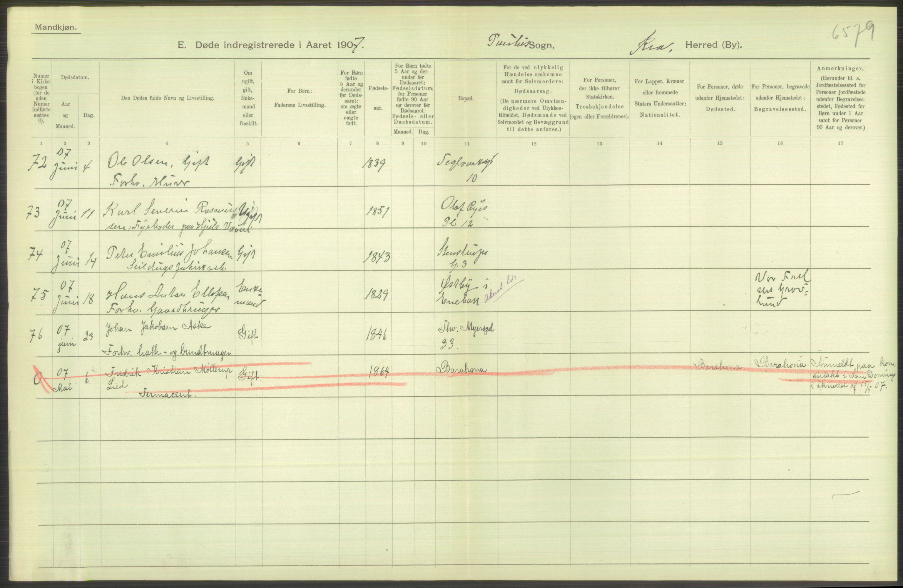 Statistisk sentralbyrå, Sosiodemografiske emner, Befolkning, AV/RA-S-2228/D/Df/Dfa/Dfae/L0010: Kristiania: Døde, dødfødte, 1907, p. 296