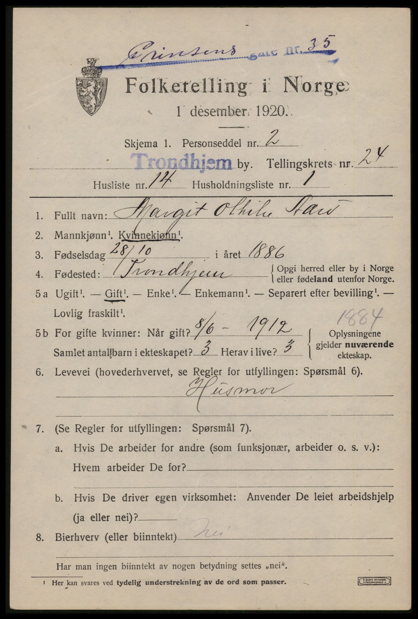 SAT, 1920 census for Trondheim, 1920, p. 64564