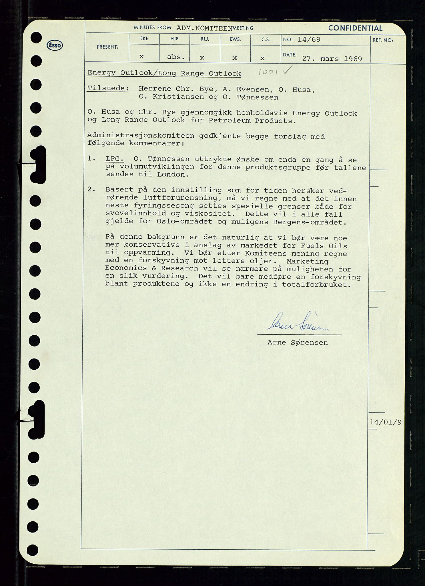 Pa 0982 - Esso Norge A/S, AV/SAST-A-100448/A/Aa/L0003/0001: Den administrerende direksjon Board minutes (styrereferater) og Bedriftforsamlingsprotokoll / Den administrerende direksjon Board minutes (styrereferater), 1969, p. 69