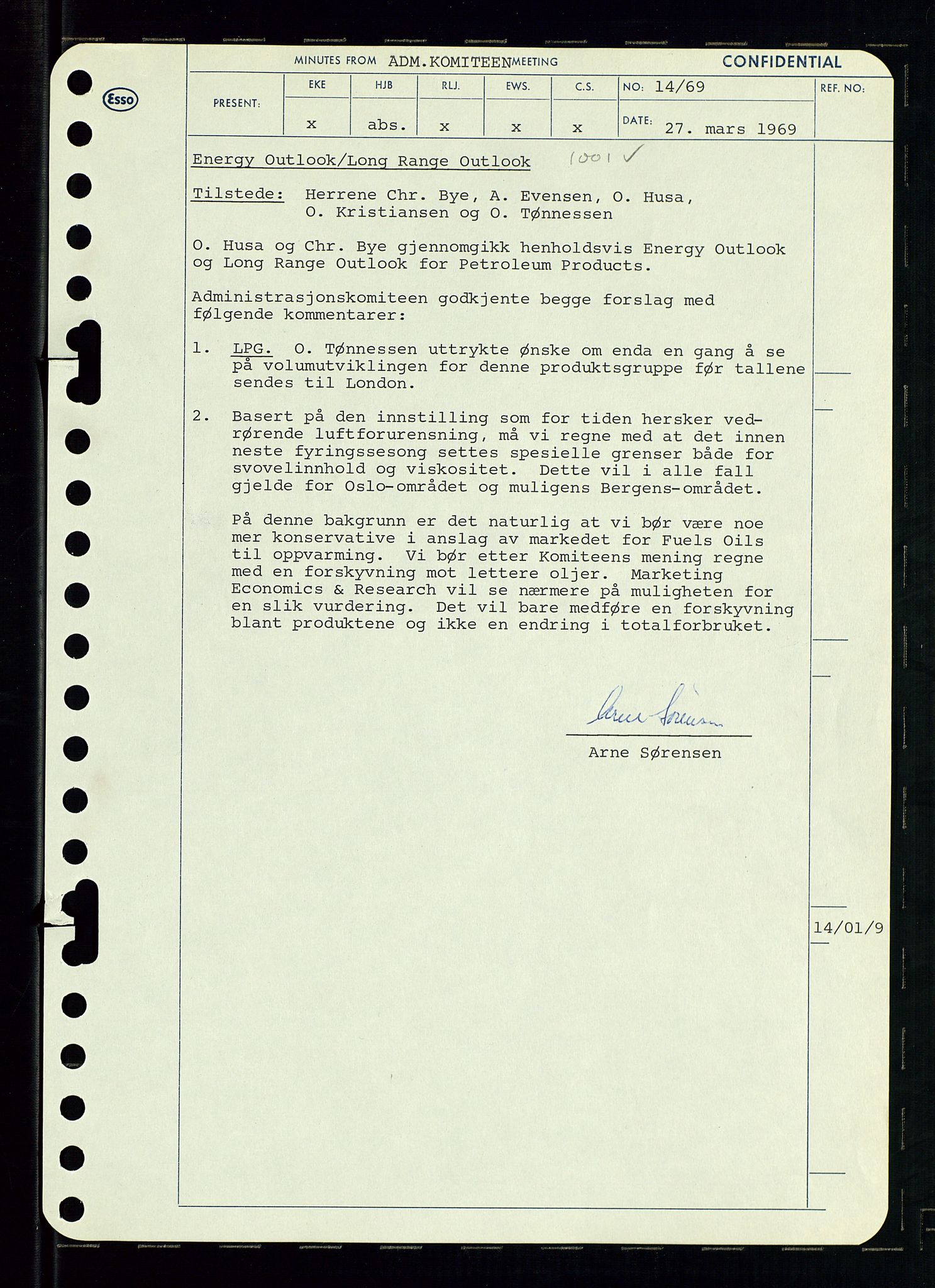 Pa 0982 - Esso Norge A/S, AV/SAST-A-100448/A/Aa/L0003/0001: Den administrerende direksjon Board minutes (styrereferater) og Bedriftforsamlingsprotokoll / Den administrerende direksjon Board minutes (styrereferater), 1969, p. 69