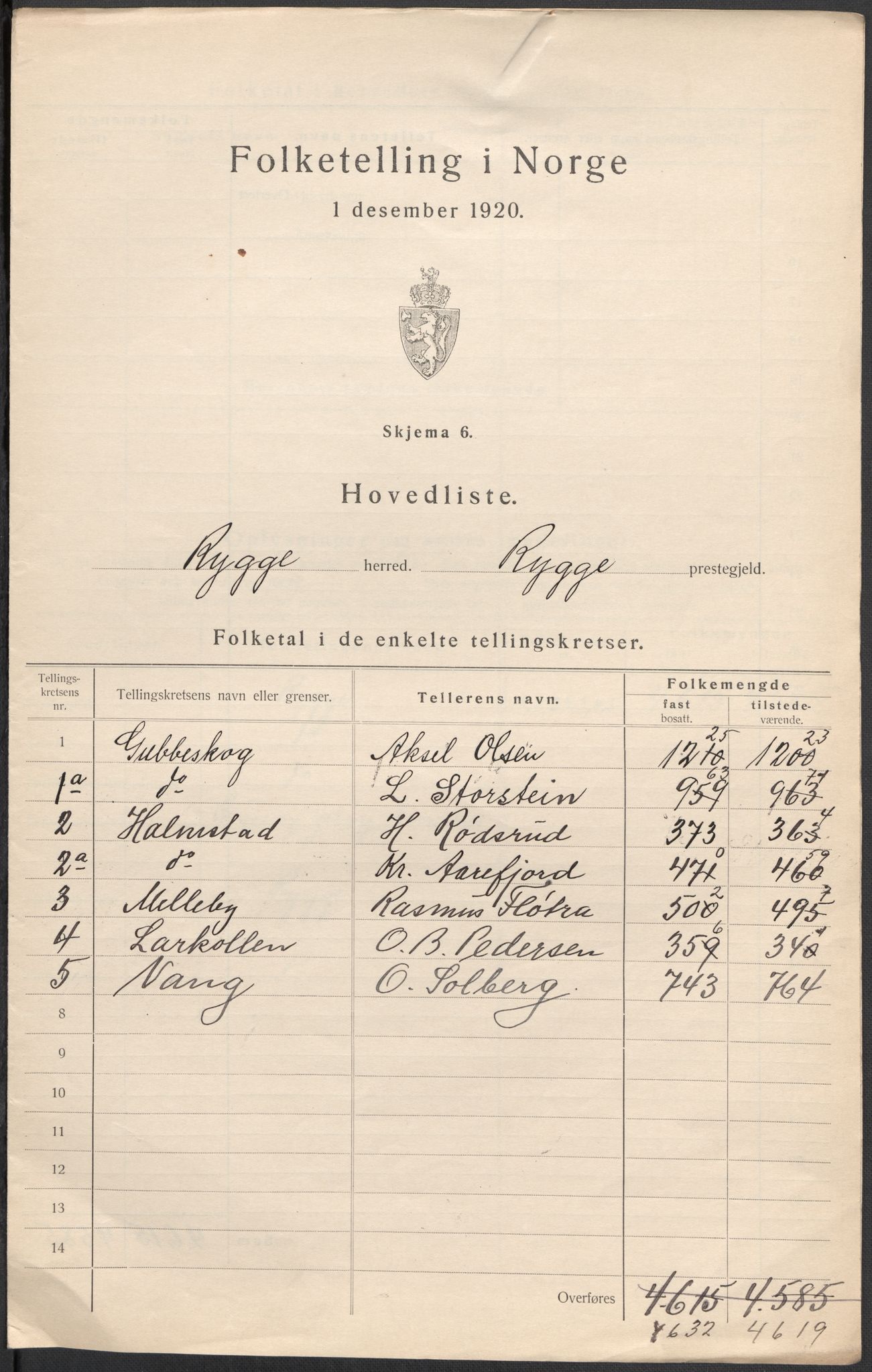 SAO, 1920 census for Rygge, 1920, p. 6