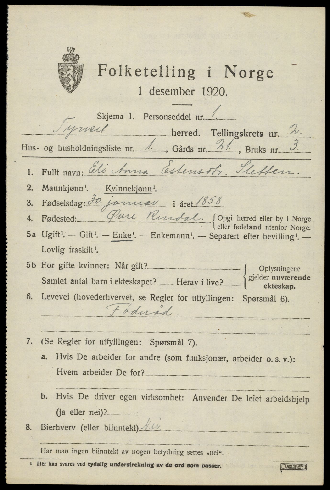 SAH, 1920 census for Tynset, 1920, p. 2274