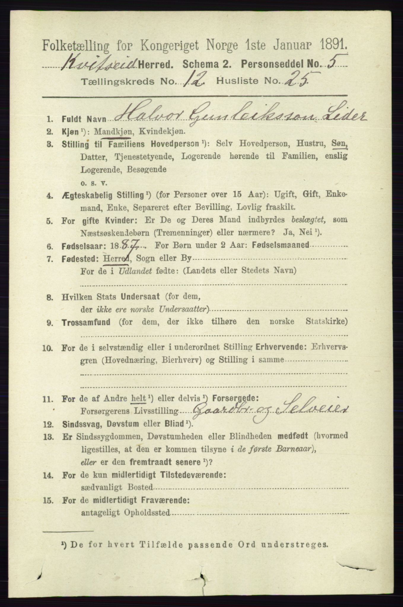 RA, 1891 census for 0829 Kviteseid, 1891, p. 3030