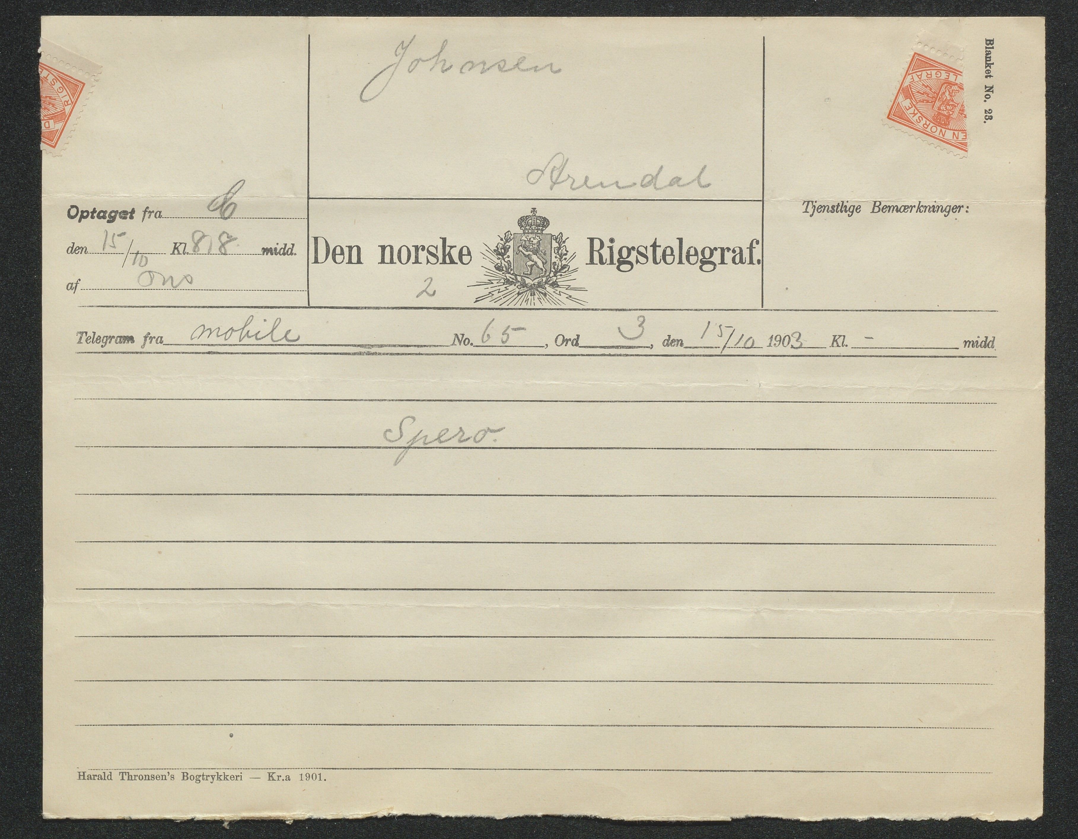 Arendals Dampskibsselskab (ADS), AAKS/PA-1716/1/15/L0018: Skipspapirer D/S Spero, 1898-1904