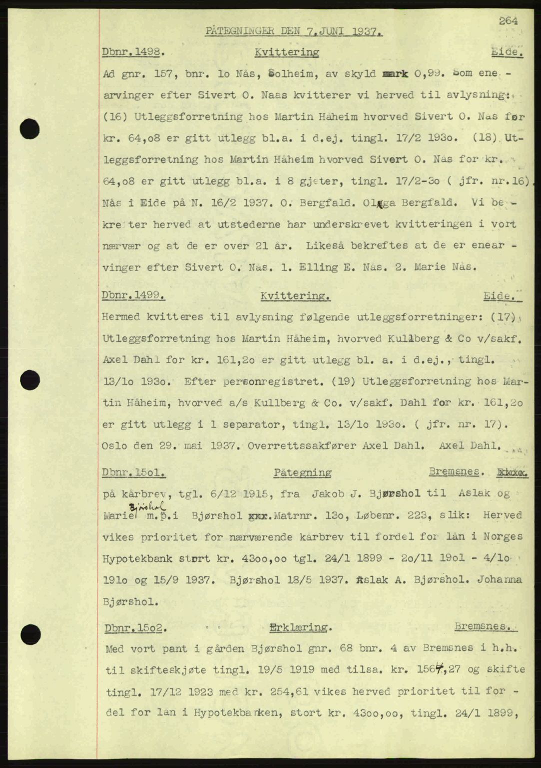 Nordmøre sorenskriveri, AV/SAT-A-4132/1/2/2Ca: Mortgage book no. C80, 1936-1939, Diary no: : 1498/1937