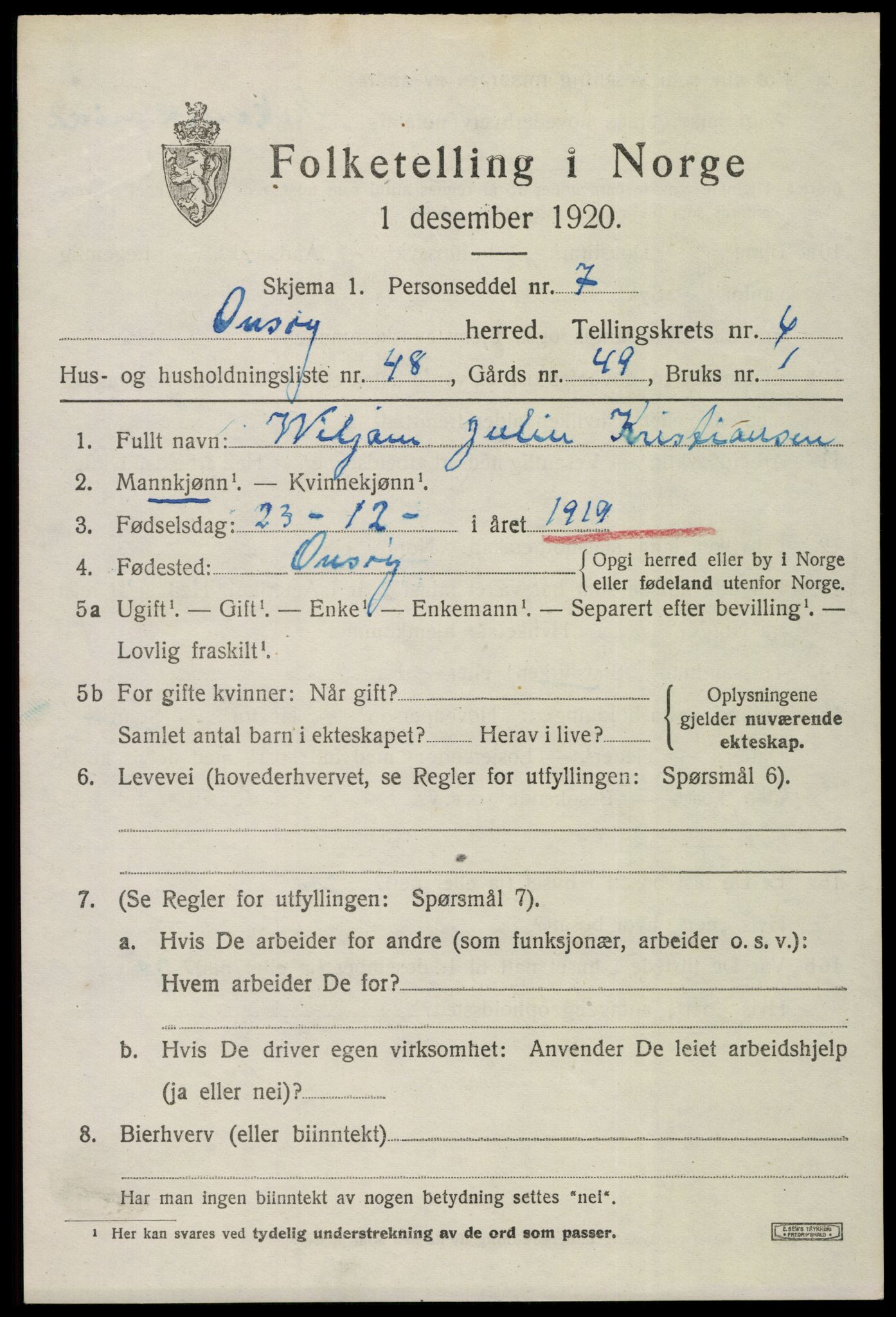 SAO, 1920 census for Onsøy, 1920, p. 9068