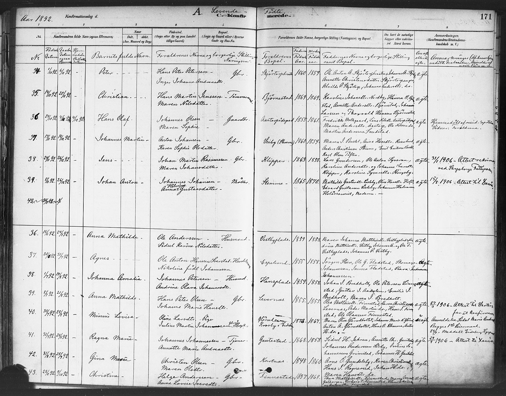 Rakkestad prestekontor Kirkebøker, AV/SAO-A-2008/F/Fa/L0012: Parish register (official) no. I 12, 1878-1893, p. 171