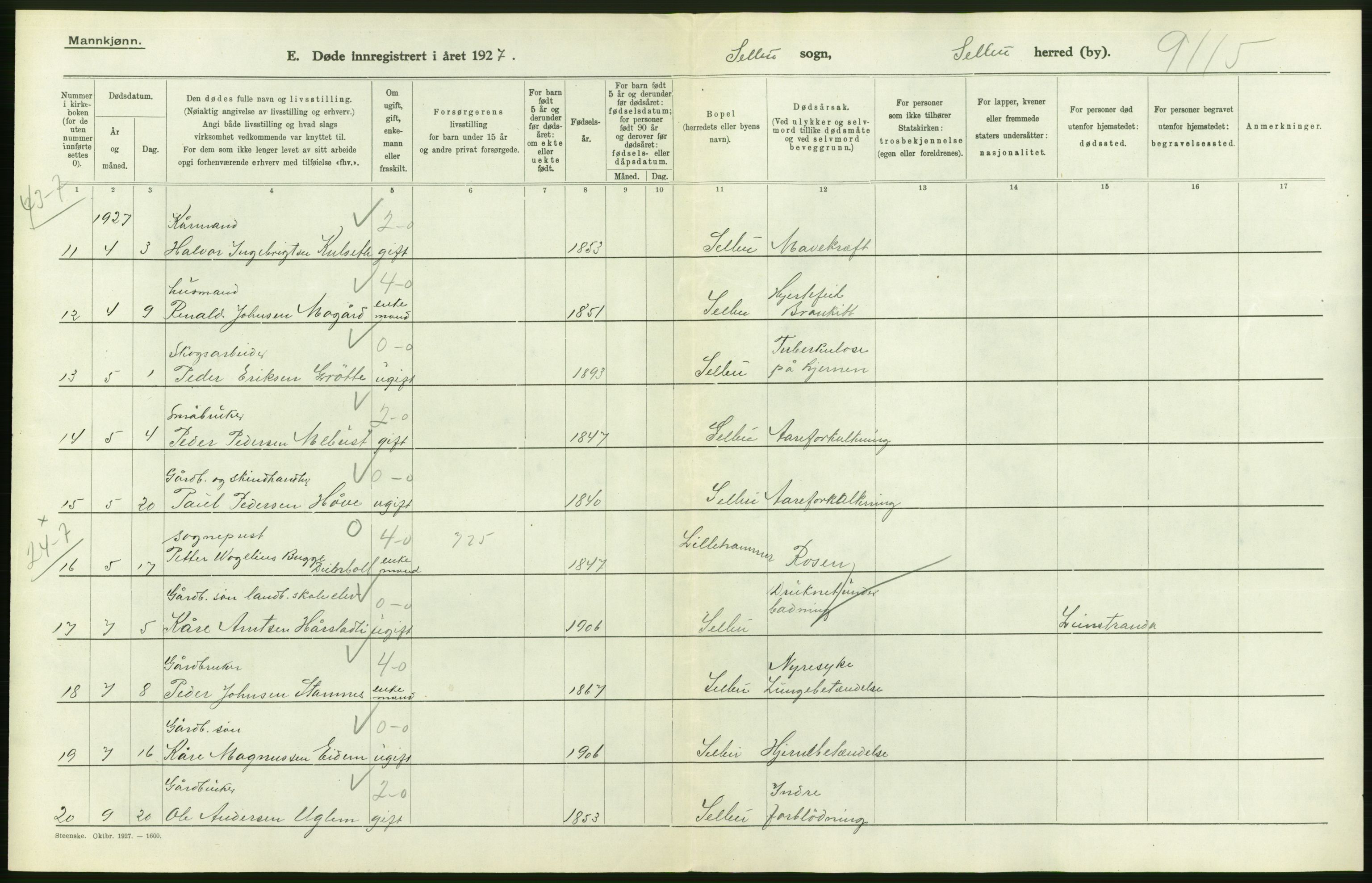 Statistisk sentralbyrå, Sosiodemografiske emner, Befolkning, AV/RA-S-2228/D/Df/Dfc/Dfcg/L0036: S. Trøndelag fylke: Gifte, døde. Bygder., 1927, p. 182