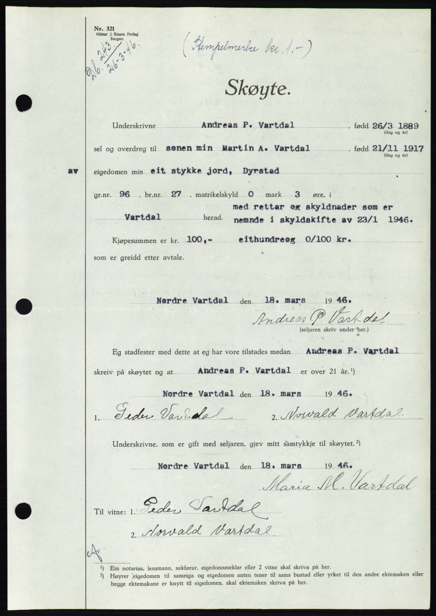 Søre Sunnmøre sorenskriveri, AV/SAT-A-4122/1/2/2C/L0078: Mortgage book no. 4A, 1946-1946, Diary no: : 243/1946