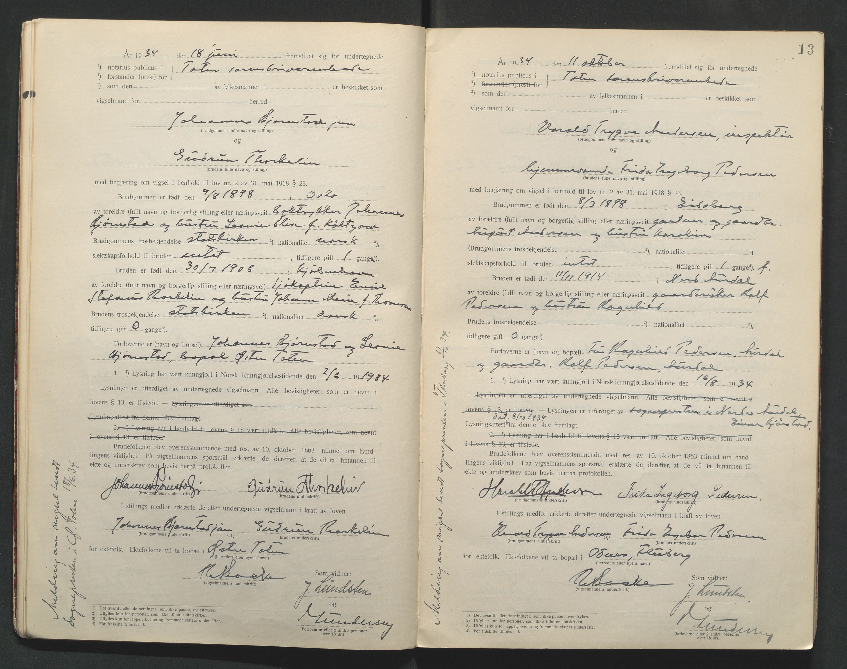Toten tingrett, AV/SAH-TING-006/L/Lc/L0001: Vigselbok, 1920-1942, p. 13