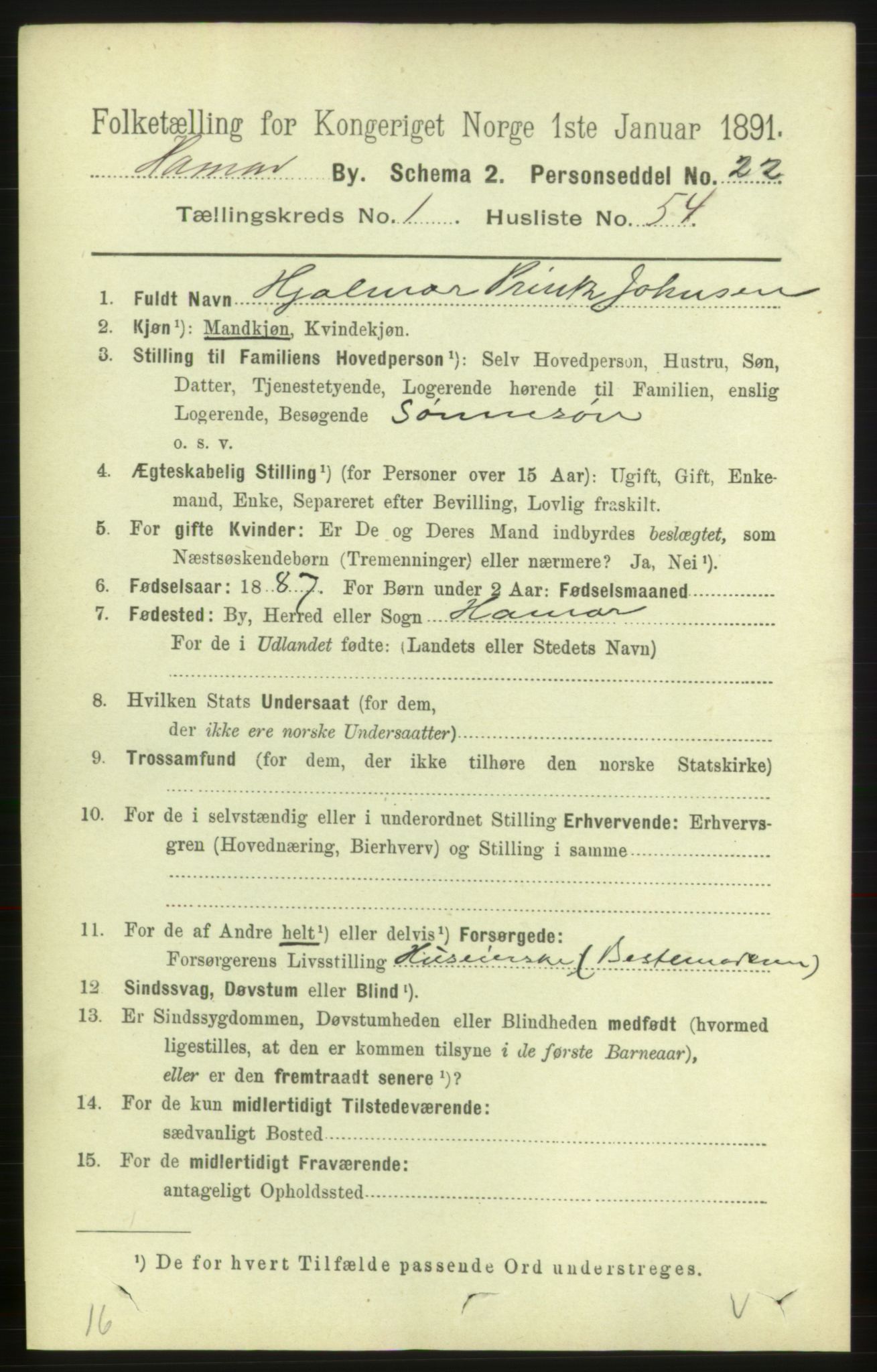 RA, 1891 census for 0401 Hamar, 1891, p. 956