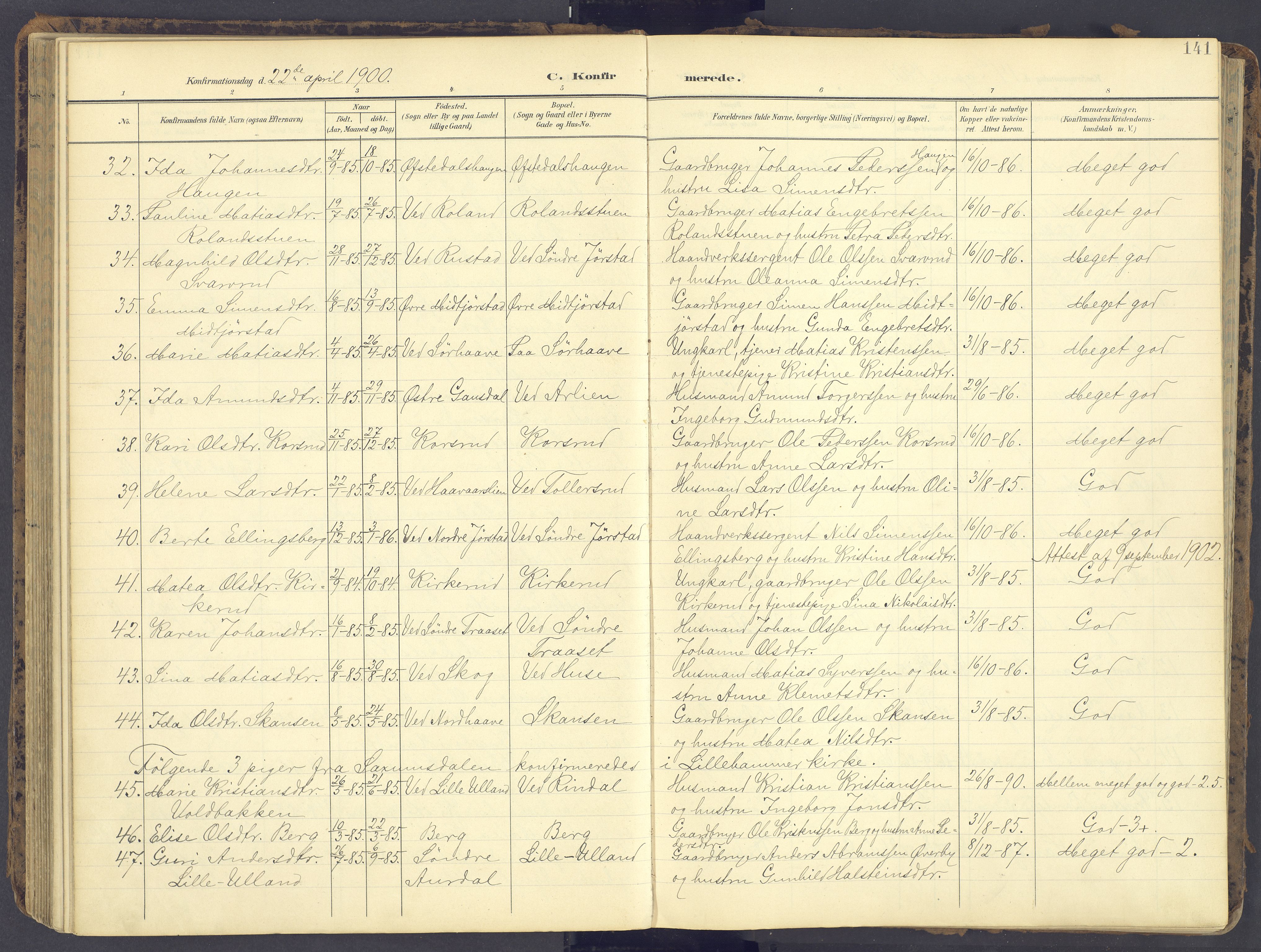 Fåberg prestekontor, AV/SAH-PREST-086/H/Ha/Haa/L0012: Parish register (official) no. 12, 1899-1915, p. 141