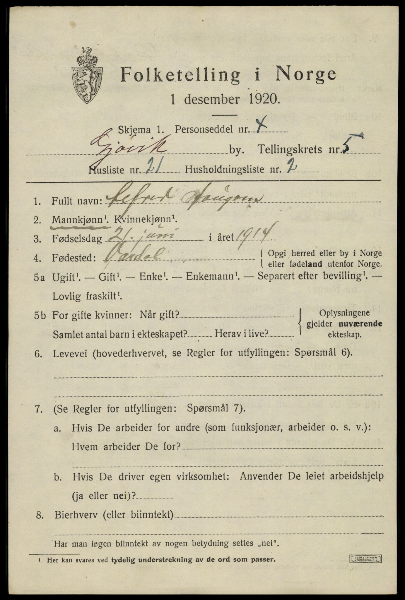 SAH, 1920 census for Gjøvik, 1920, p. 10486