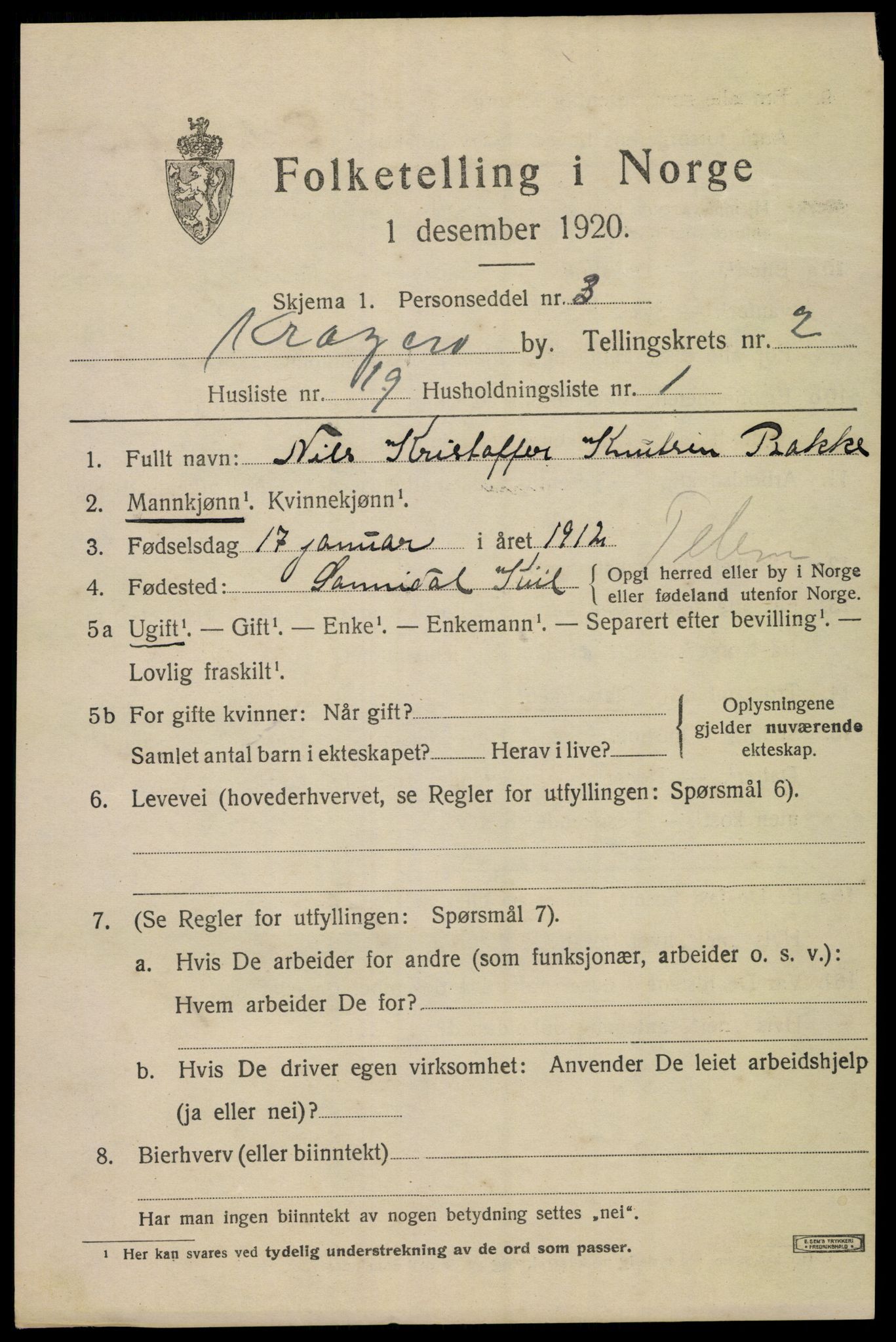 SAKO, 1920 census for Kragerø, 1920, p. 5561
