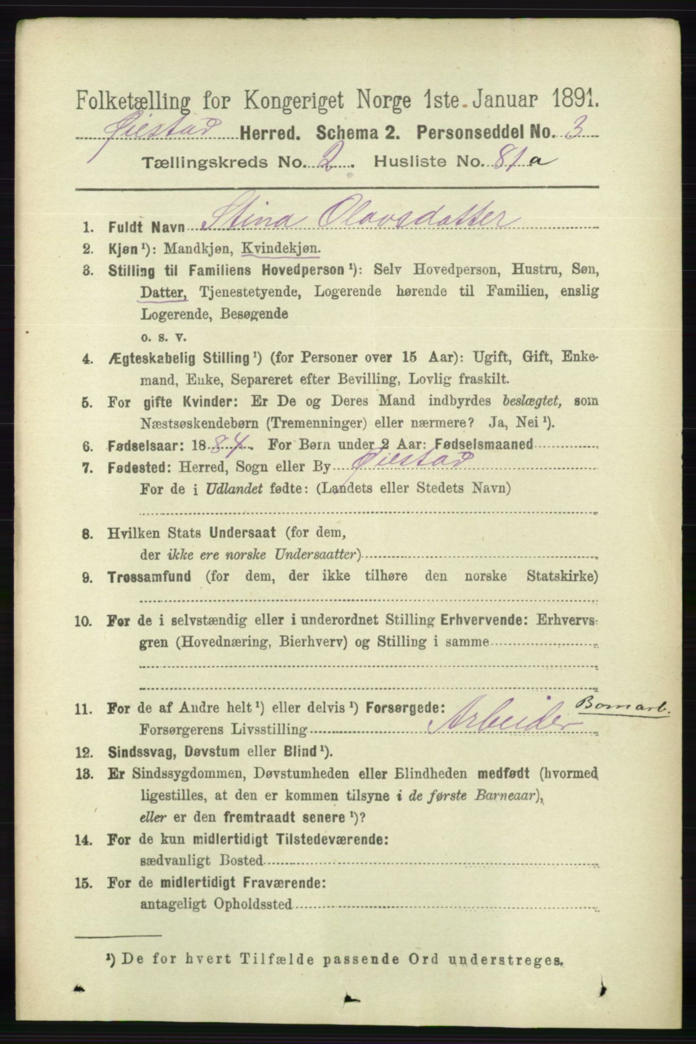 RA, 1891 census for 0920 Øyestad, 1891, p. 832