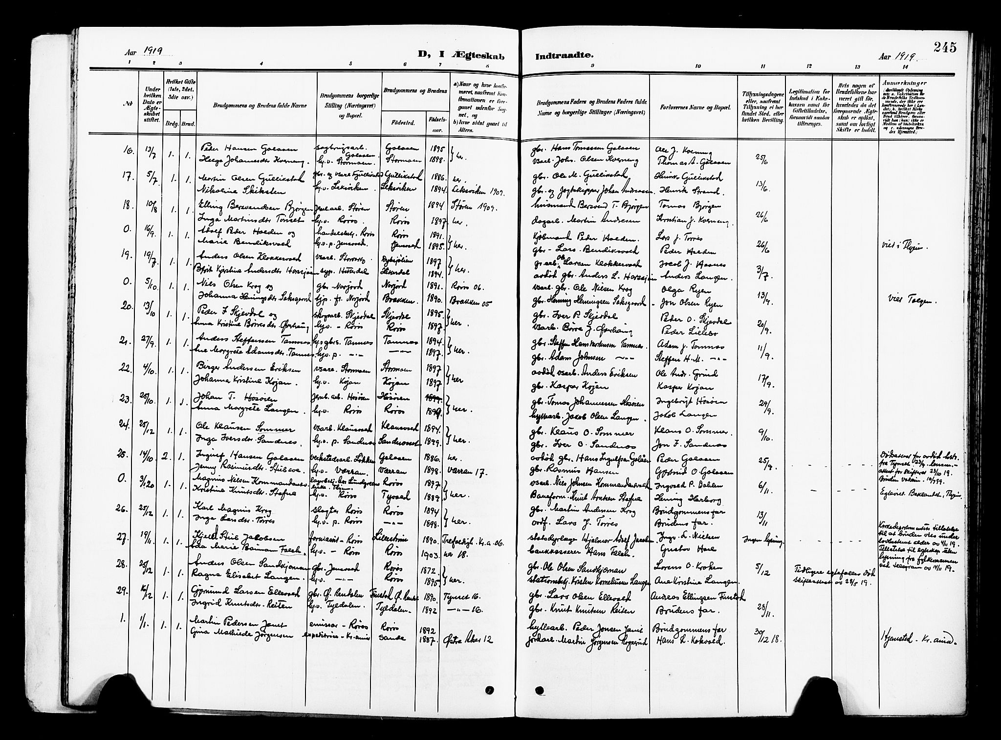 Ministerialprotokoller, klokkerbøker og fødselsregistre - Sør-Trøndelag, SAT/A-1456/681/L0942: Parish register (copy) no. 681C06, 1906-1925, p. 245
