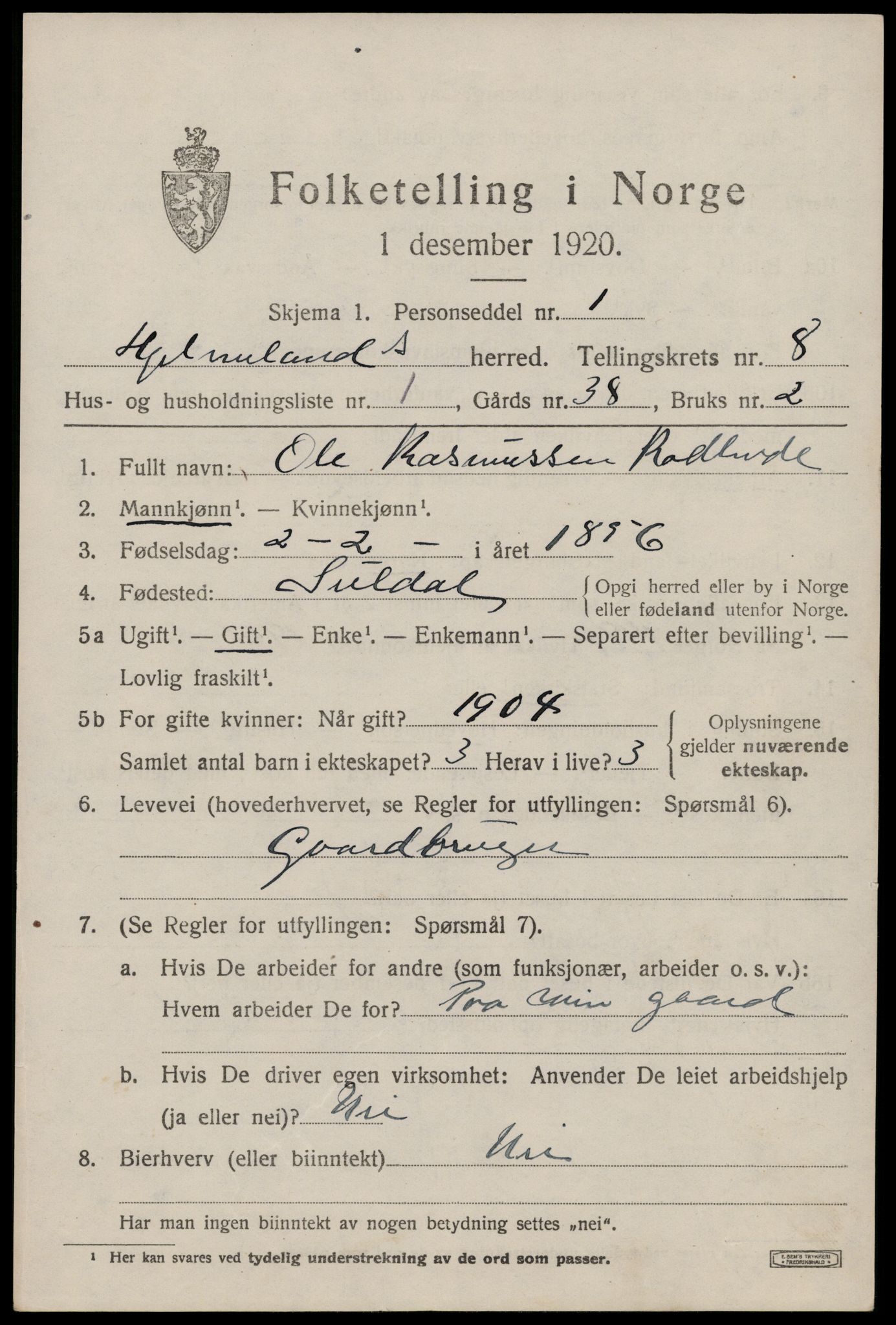 SAST, 1920 census for Hjelmeland, 1920, p. 2449