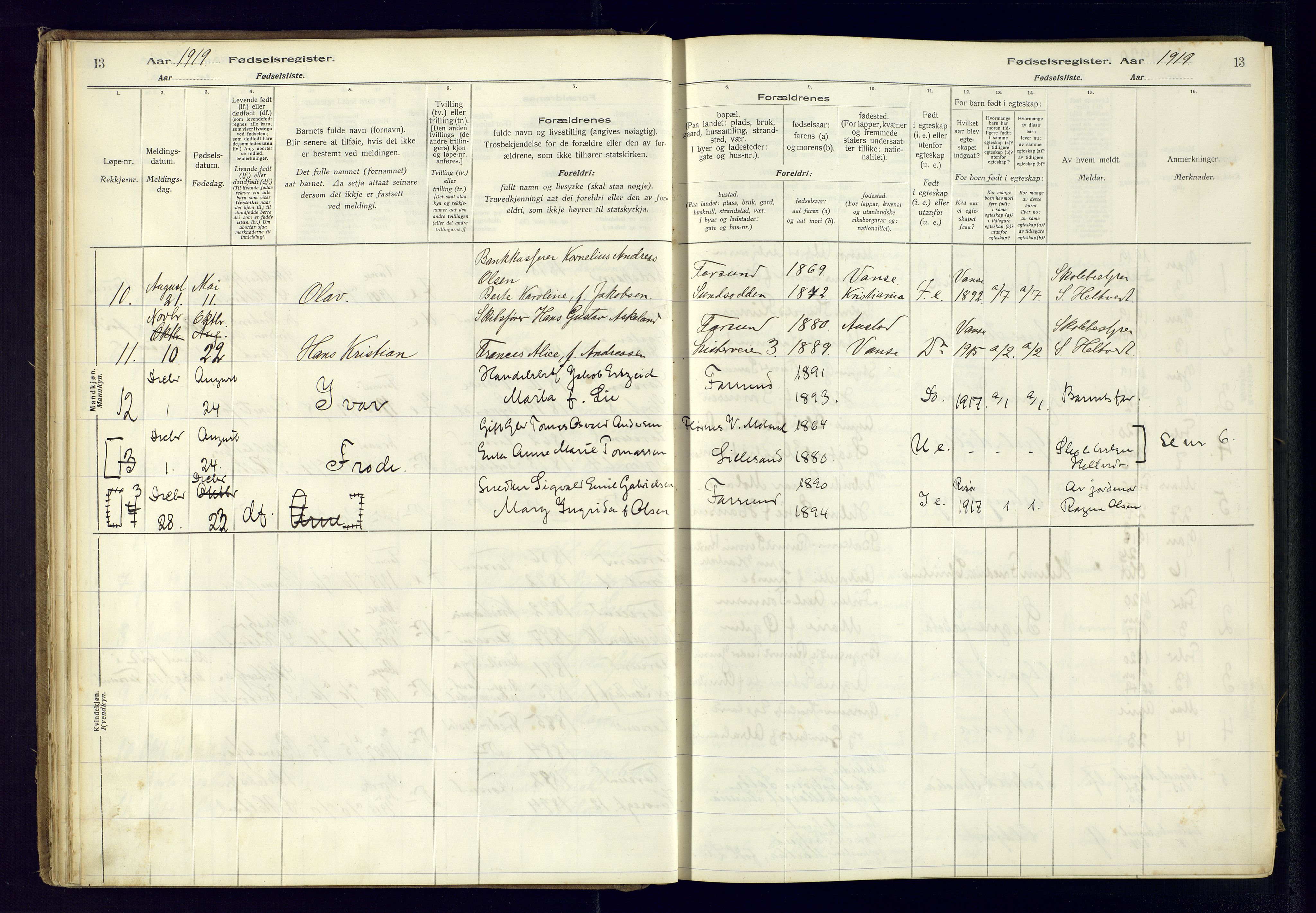 Farsund sokneprestkontor, SAK/1111-0009/J/Ja/L0001: Birth register no. A-VI-8, 1916-1950, p. 13