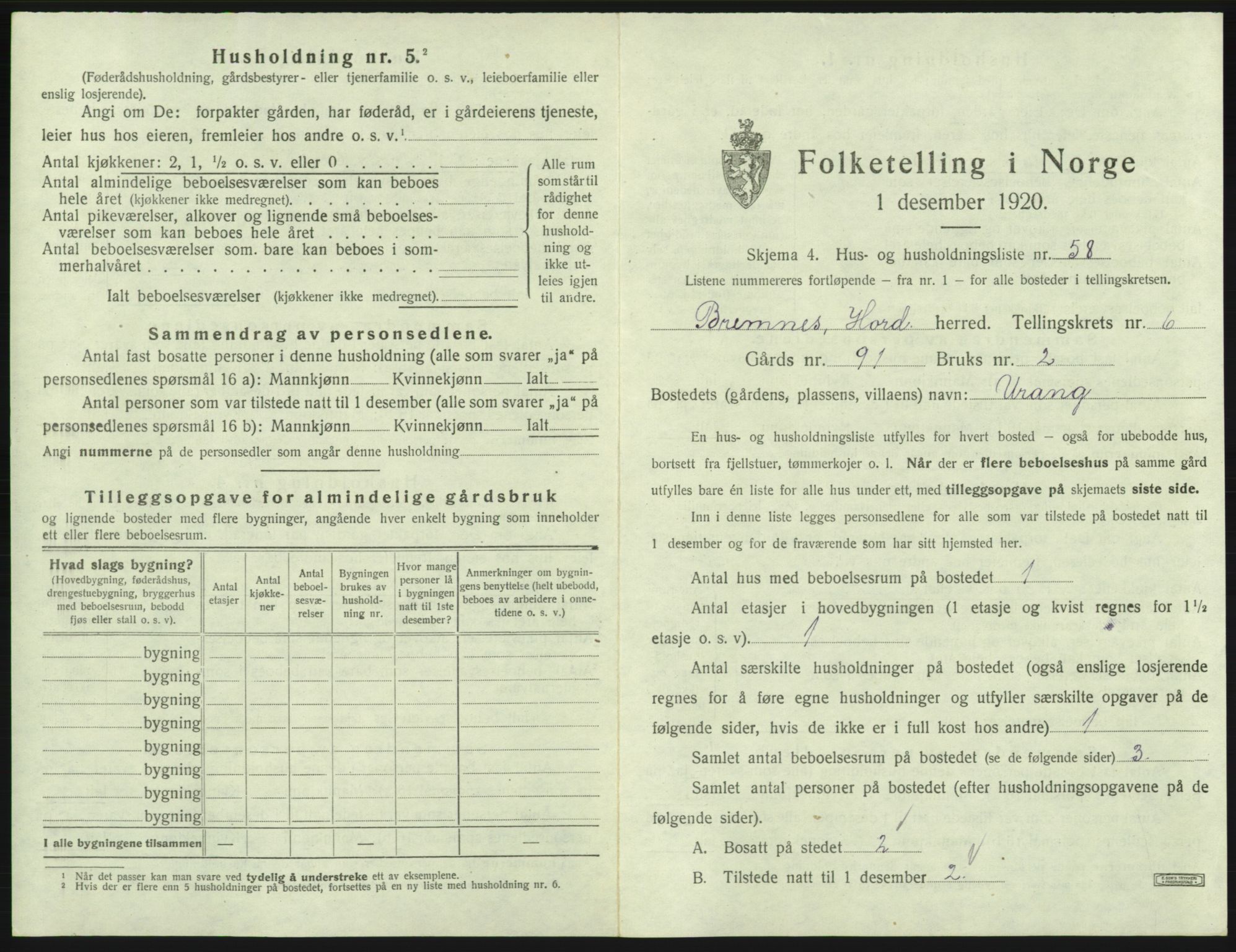 SAB, 1920 census for Bremnes, 1920, p. 476