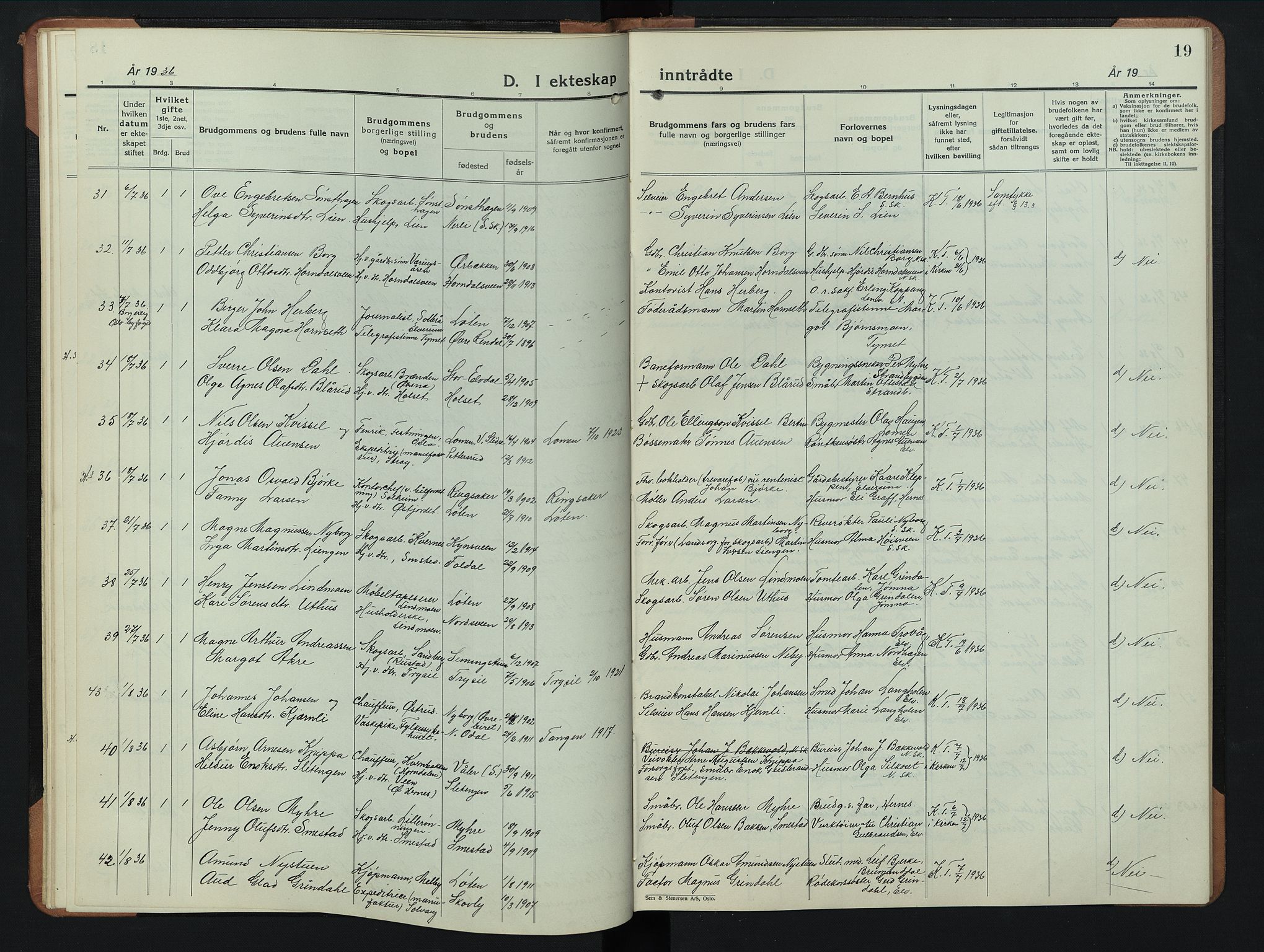 Elverum prestekontor, AV/SAH-PREST-044/H/Ha/Hab/L0033: Parish register (copy) no. 33, 1934-1947, p. 19