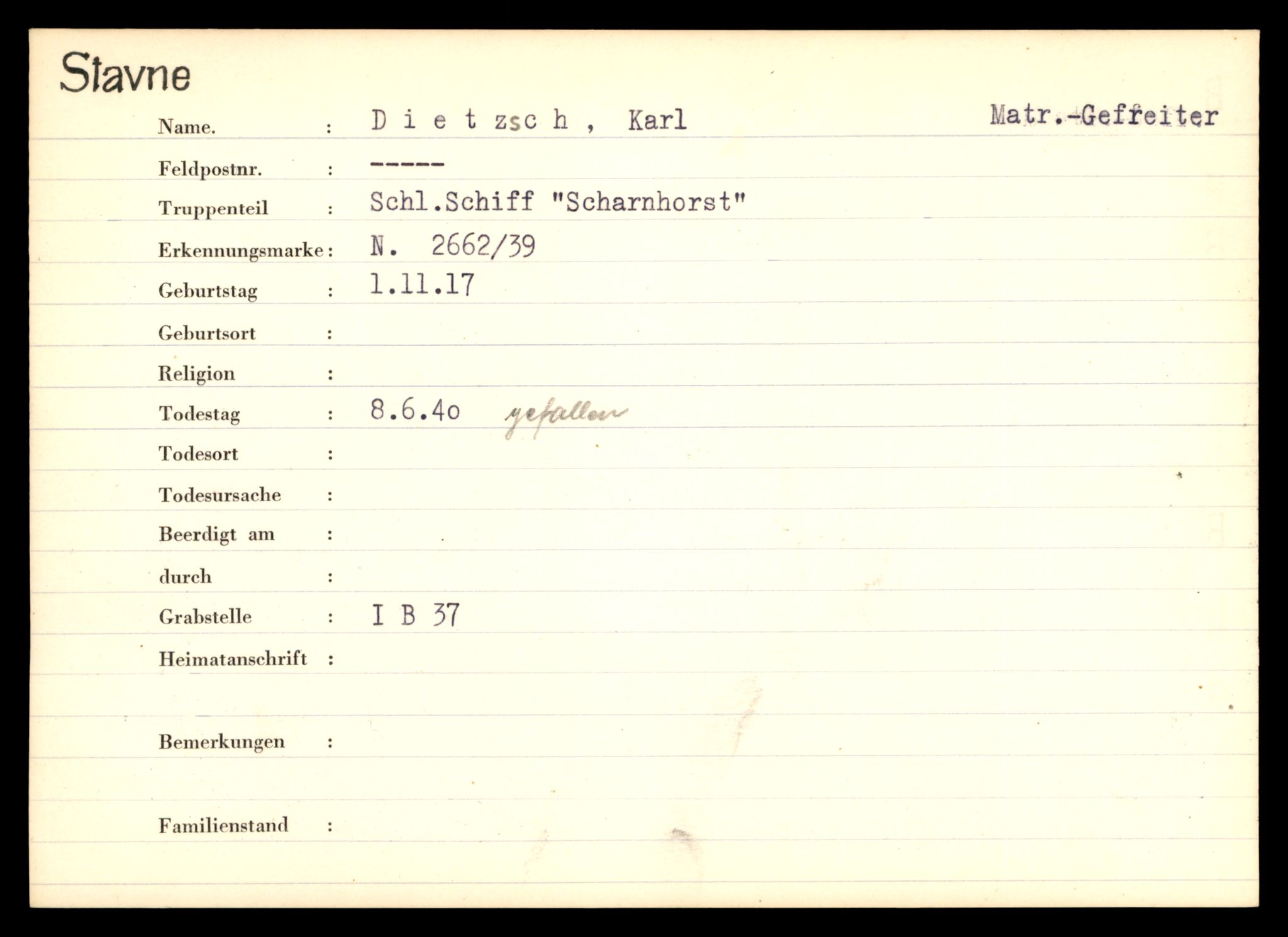 Distriktskontoret for krigsgraver, SAT/A-5030/E/L0003: Kasett/kartotek over tysk Krigskirkegård Stavne, 1945, p. 215