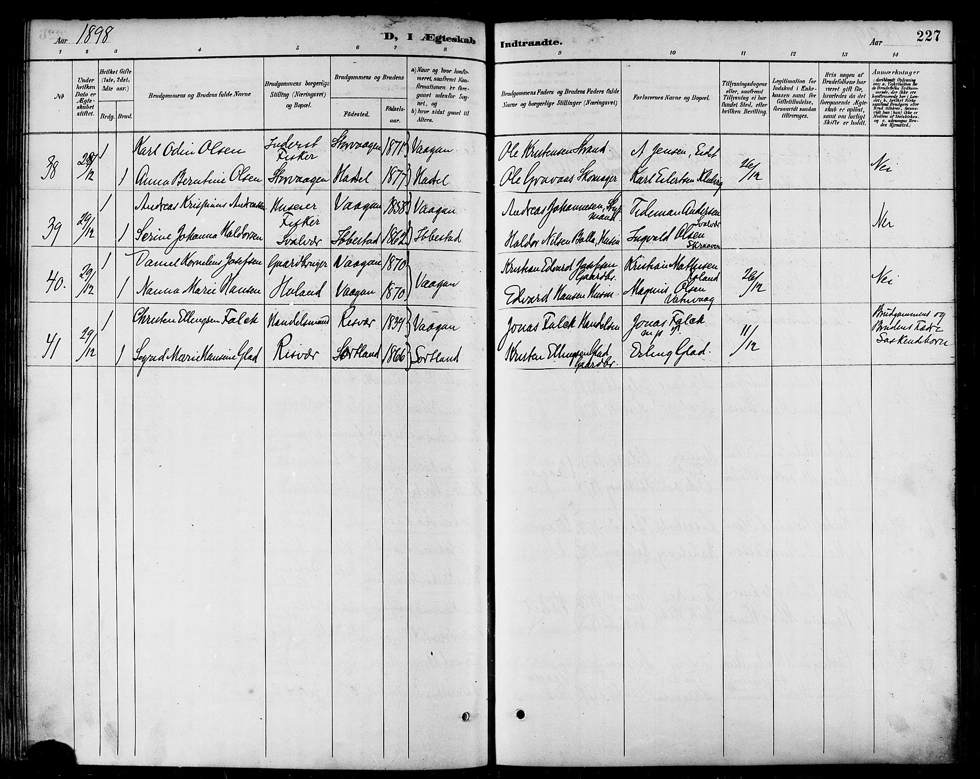 Ministerialprotokoller, klokkerbøker og fødselsregistre - Nordland, AV/SAT-A-1459/874/L1060: Parish register (official) no. 874A04, 1890-1899, p. 227