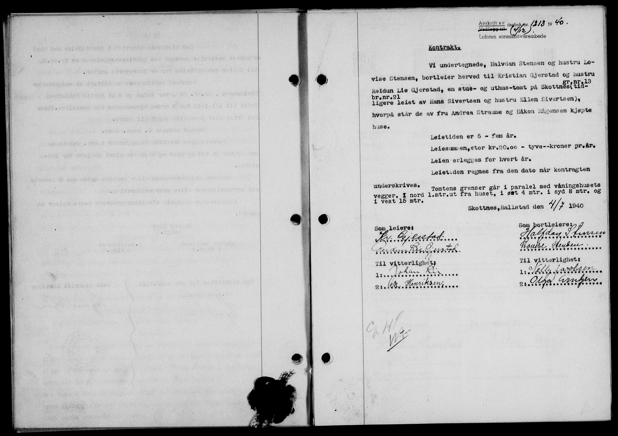 Lofoten sorenskriveri, SAT/A-0017/1/2/2C/L0008a: Mortgage book no. 8a, 1940-1941, Diary no: : 1213/1940