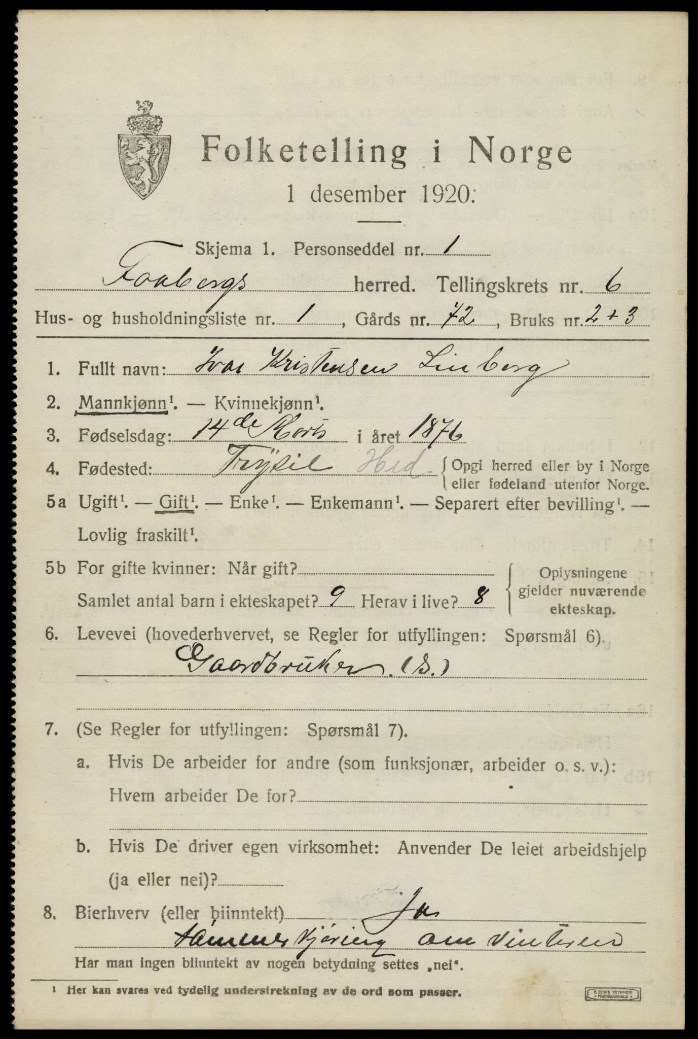 SAH, 1920 census for Fåberg, 1920, p. 7342