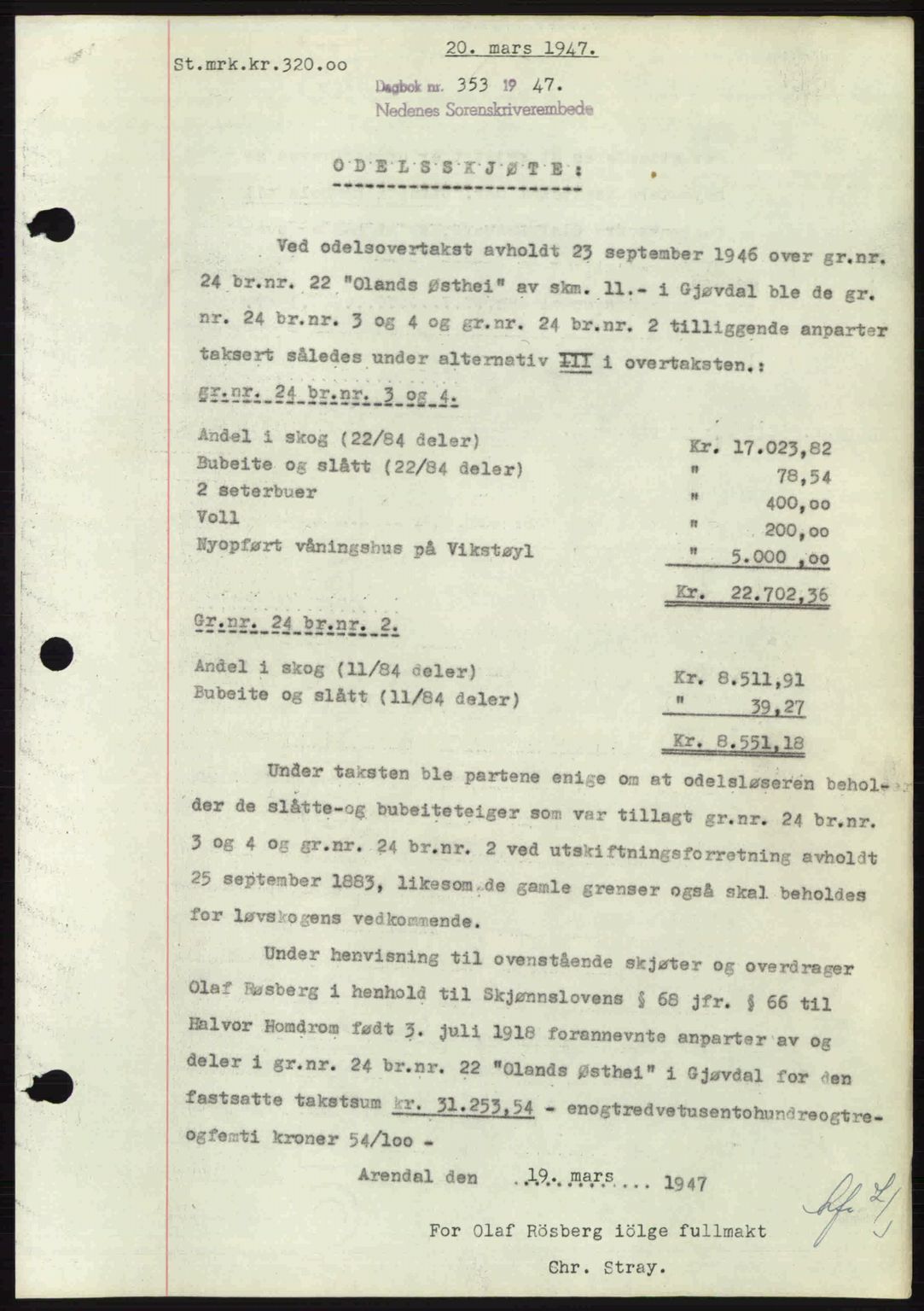 Nedenes sorenskriveri, SAK/1221-0006/G/Gb/Gba/L0057: Mortgage book no. A9, 1947-1947, Diary no: : 353/1947