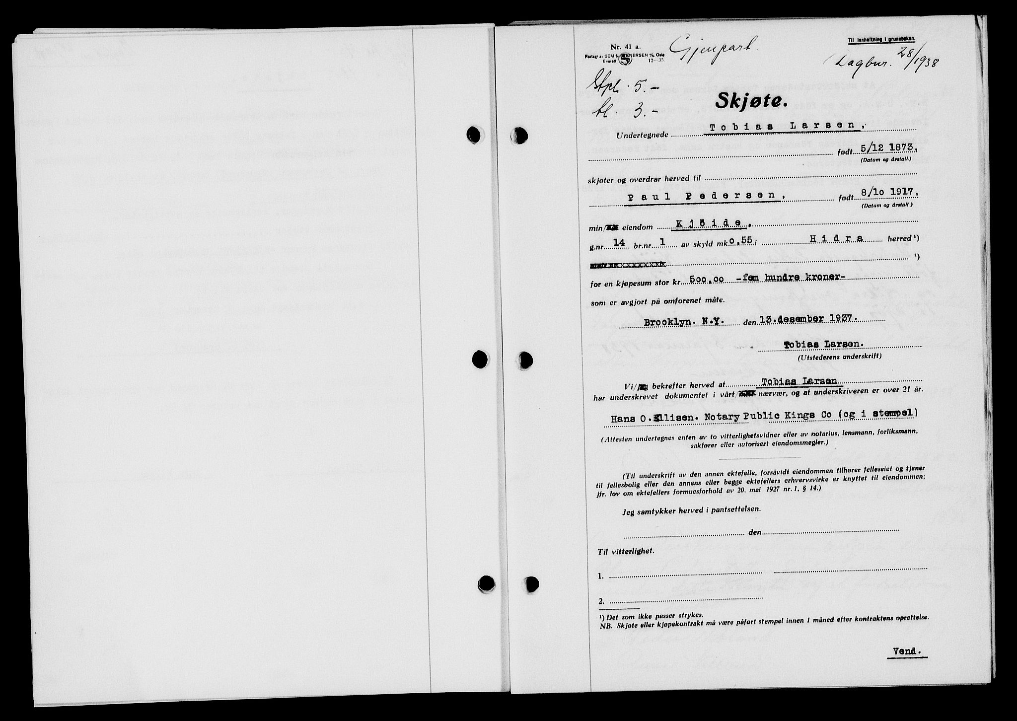 Flekkefjord sorenskriveri, AV/SAK-1221-0001/G/Gb/Gba/L0054: Mortgage book no. A-2, 1937-1938, Diary no: : 28/1938