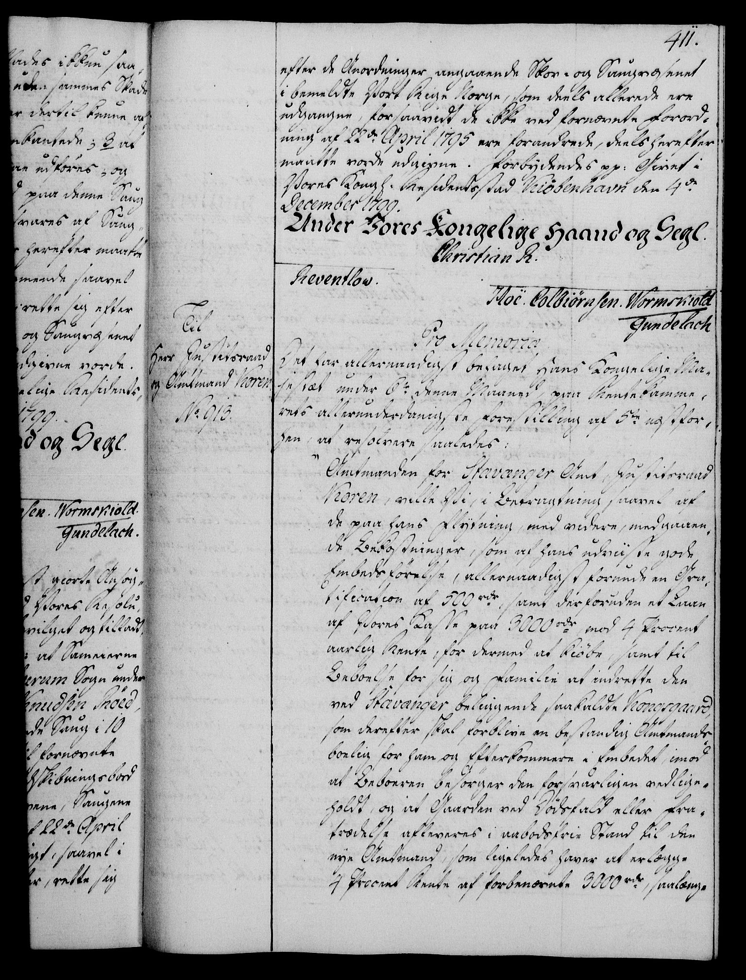 Rentekammeret, Kammerkanselliet, AV/RA-EA-3111/G/Gg/Gga/L0016: Norsk ekspedisjonsprotokoll med register (merket RK 53.16), 1794-1800, p. 411