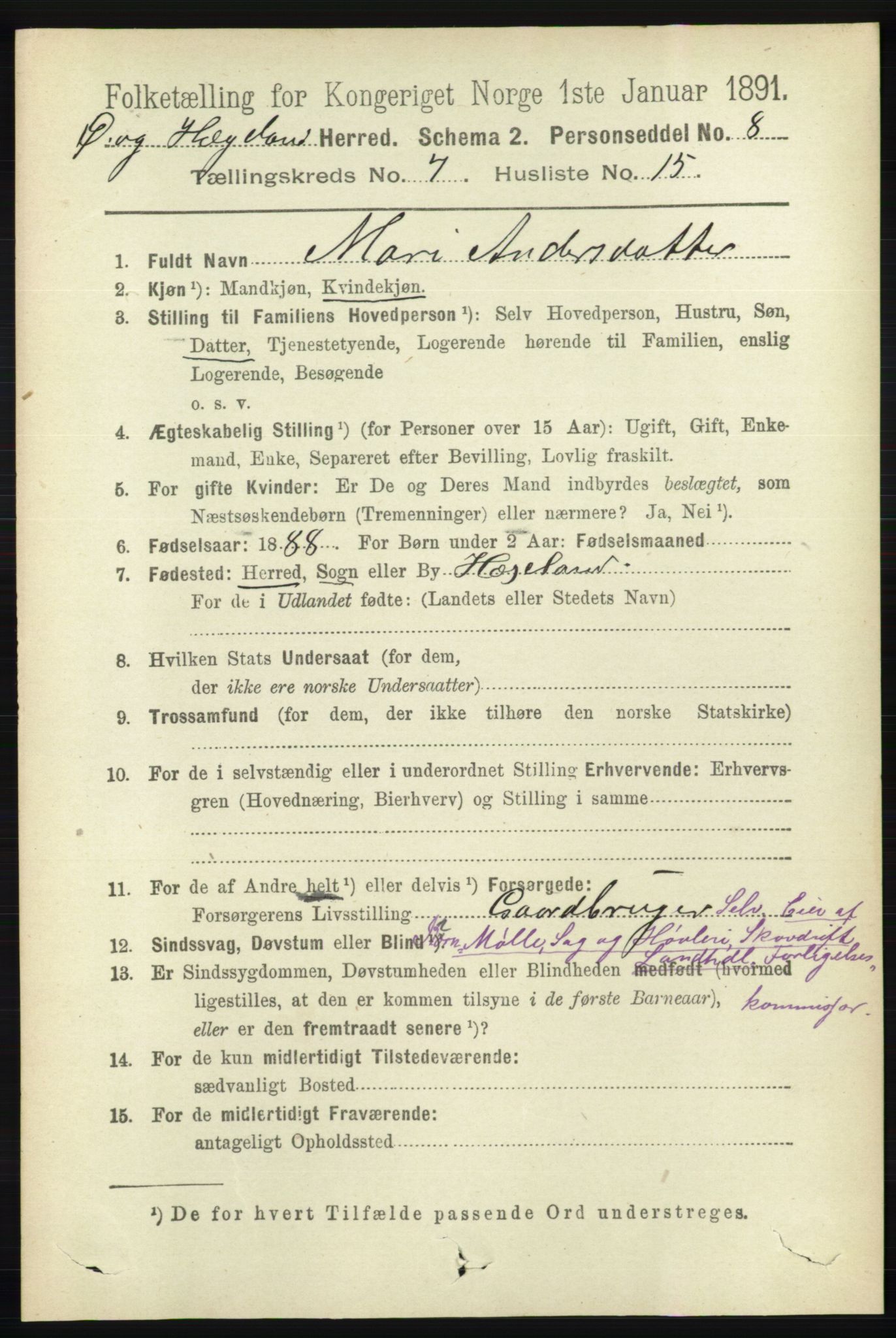 RA, 1891 census for 1016 Øvrebø og Hægeland, 1891, p. 1428