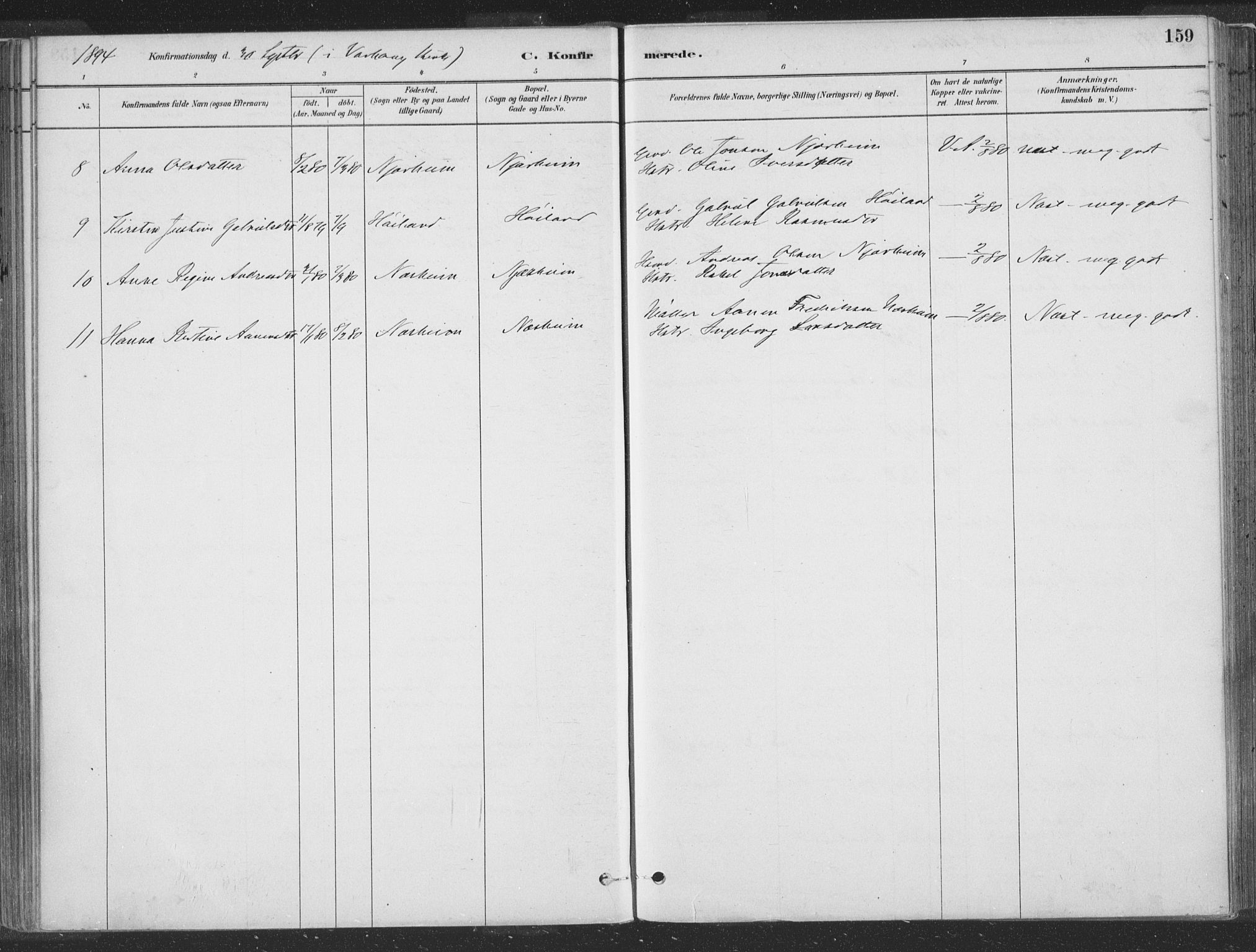 Hå sokneprestkontor, SAST/A-101801/001/30BA/L0010: Parish register (official) no. A 9, 1879-1896, p. 159