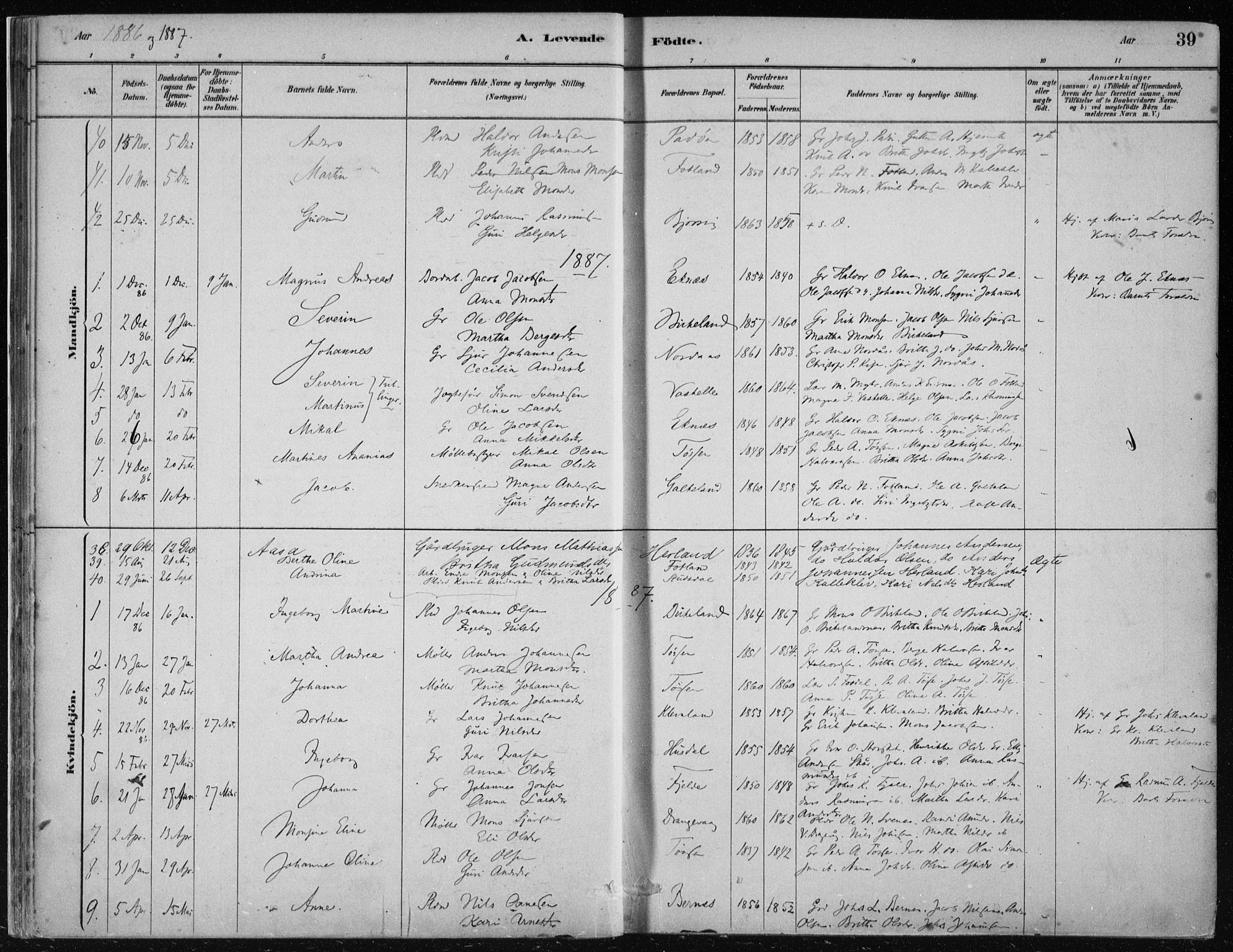 Hosanger sokneprestembete, AV/SAB-A-75801/H/Haa: Parish register (official) no. B  1, 1880-1896, p. 39