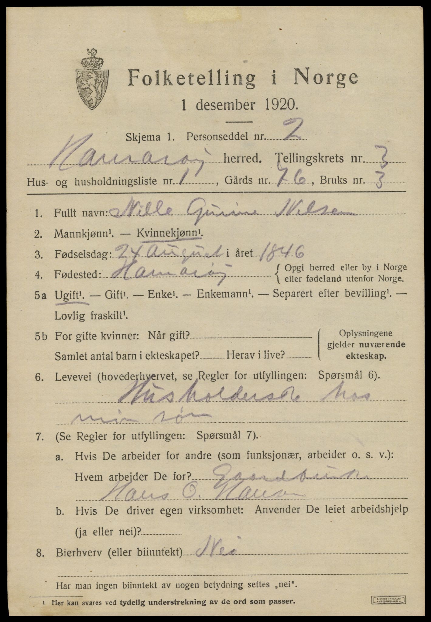 SAT, 1920 census for Hamarøy, 1920, p. 2104