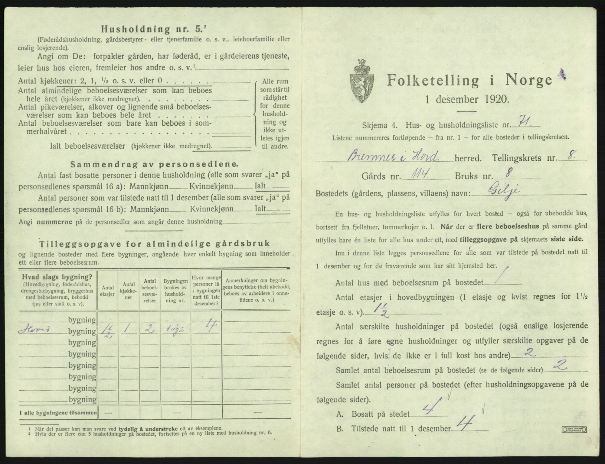 SAB, 1920 census for Bremnes, 1920, p. 774