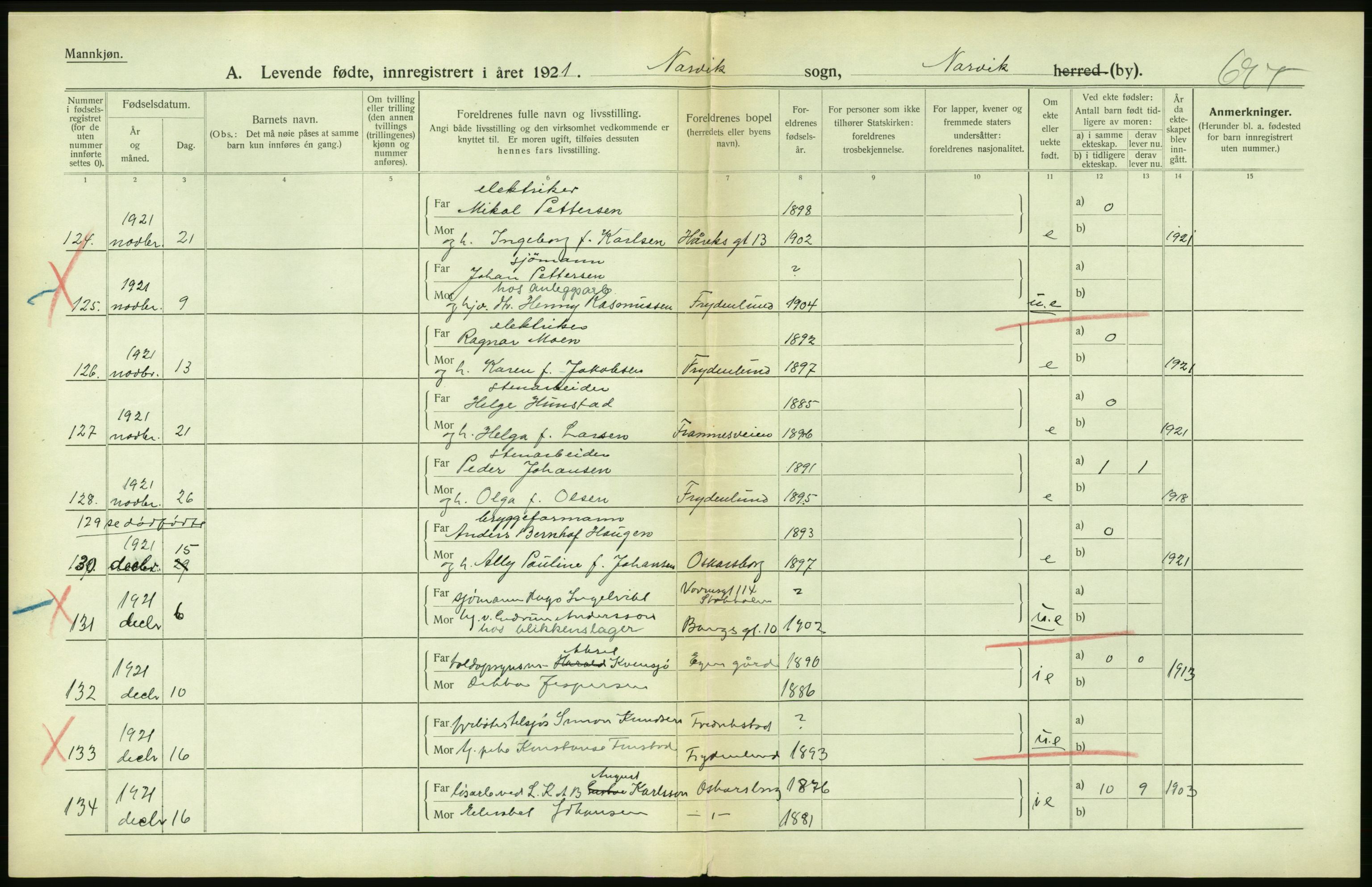 Statistisk sentralbyrå, Sosiodemografiske emner, Befolkning, AV/RA-S-2228/D/Df/Dfc/Dfca/L0050: Nordland fylke: Levendefødte menn og kvinner. Byer. Samt gifte, dødfødte. Bygder og byer., 1921, p. 24