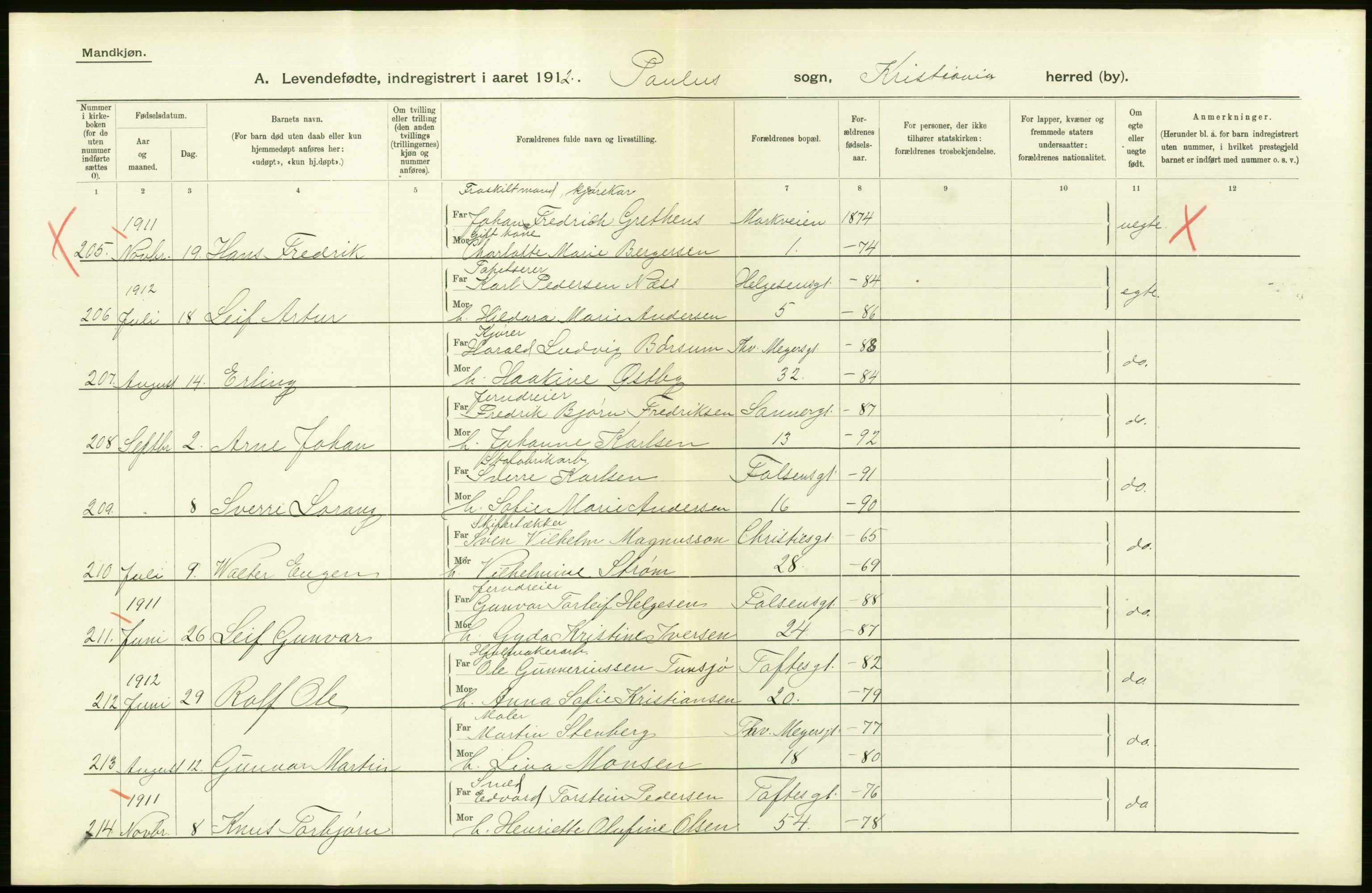 Statistisk sentralbyrå, Sosiodemografiske emner, Befolkning, RA/S-2228/D/Df/Dfb/Dfbb/L0006: Kristiania:  Levendefødte menn og kvinner., 1912, p. 166