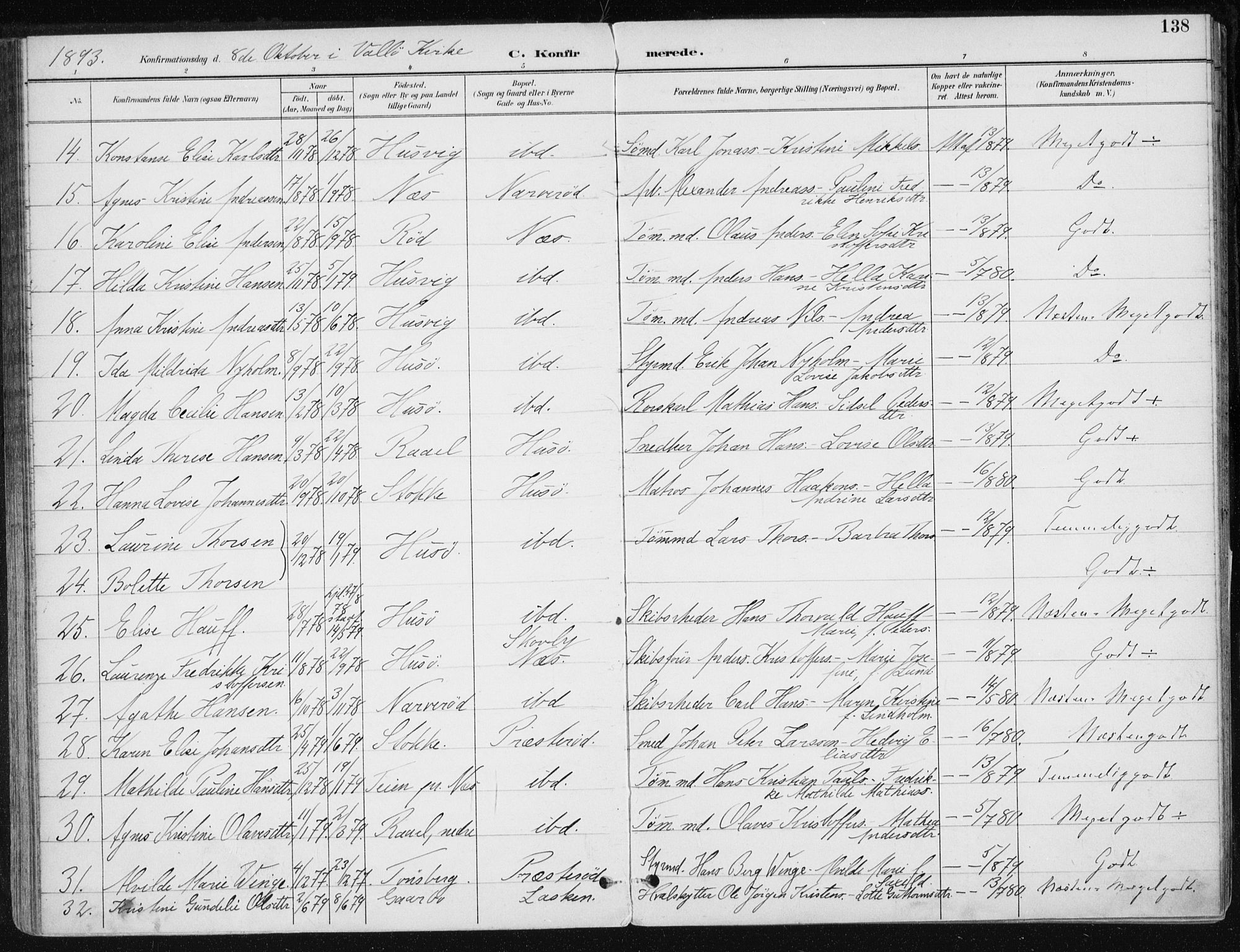 Sem kirkebøker, AV/SAKO-A-5/F/Fb/L0005: Parish register (official) no. II 5, 1892-1904, p. 138