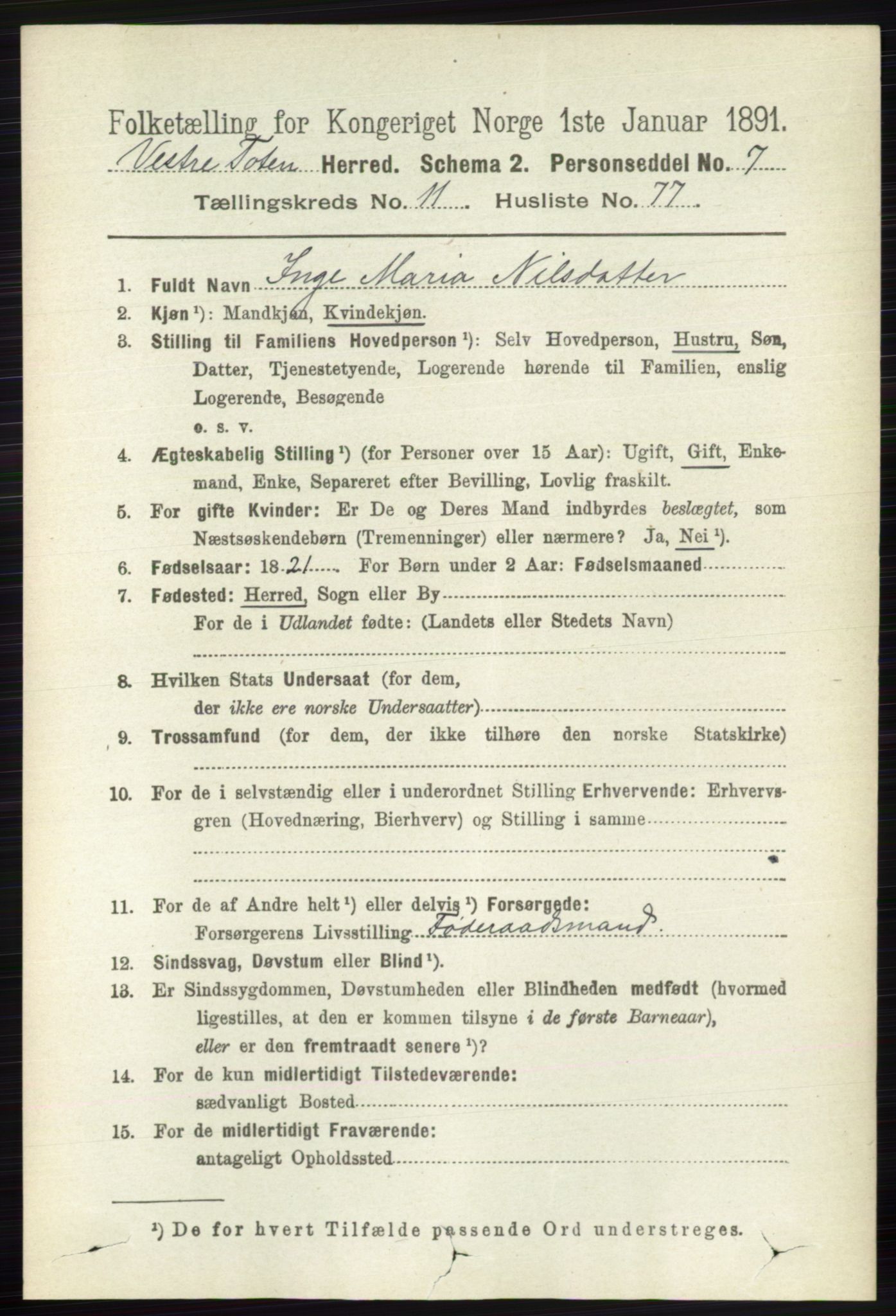 RA, 1891 census for 0529 Vestre Toten, 1891, p. 7179