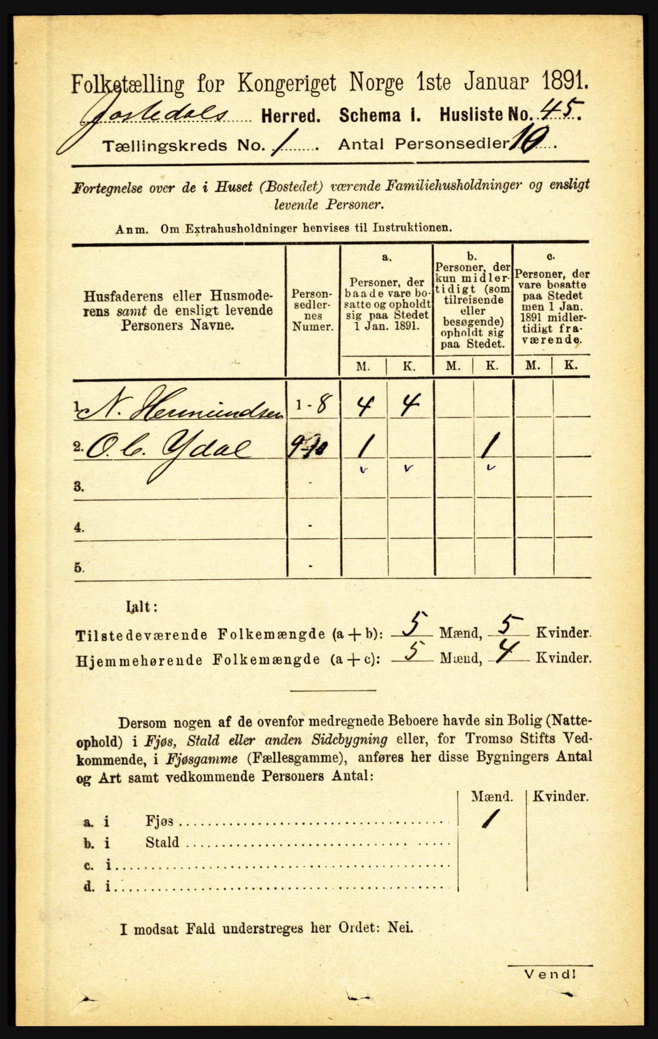 RA, 1891 census for 1427 Jostedal, 1891, p. 58