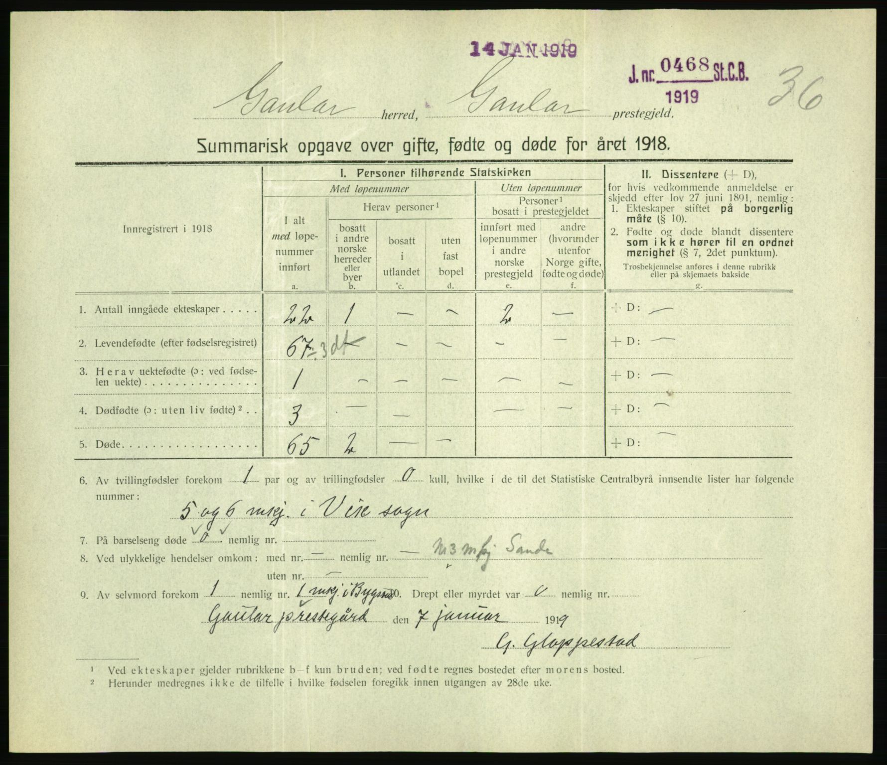 Statistisk sentralbyrå, Sosiodemografiske emner, Befolkning, RA/S-2228/D/Df/Dfb/Dfbh/L0059: Summariske oppgaver over gifte, fødte og døde for hele landet., 1918, p. 1069