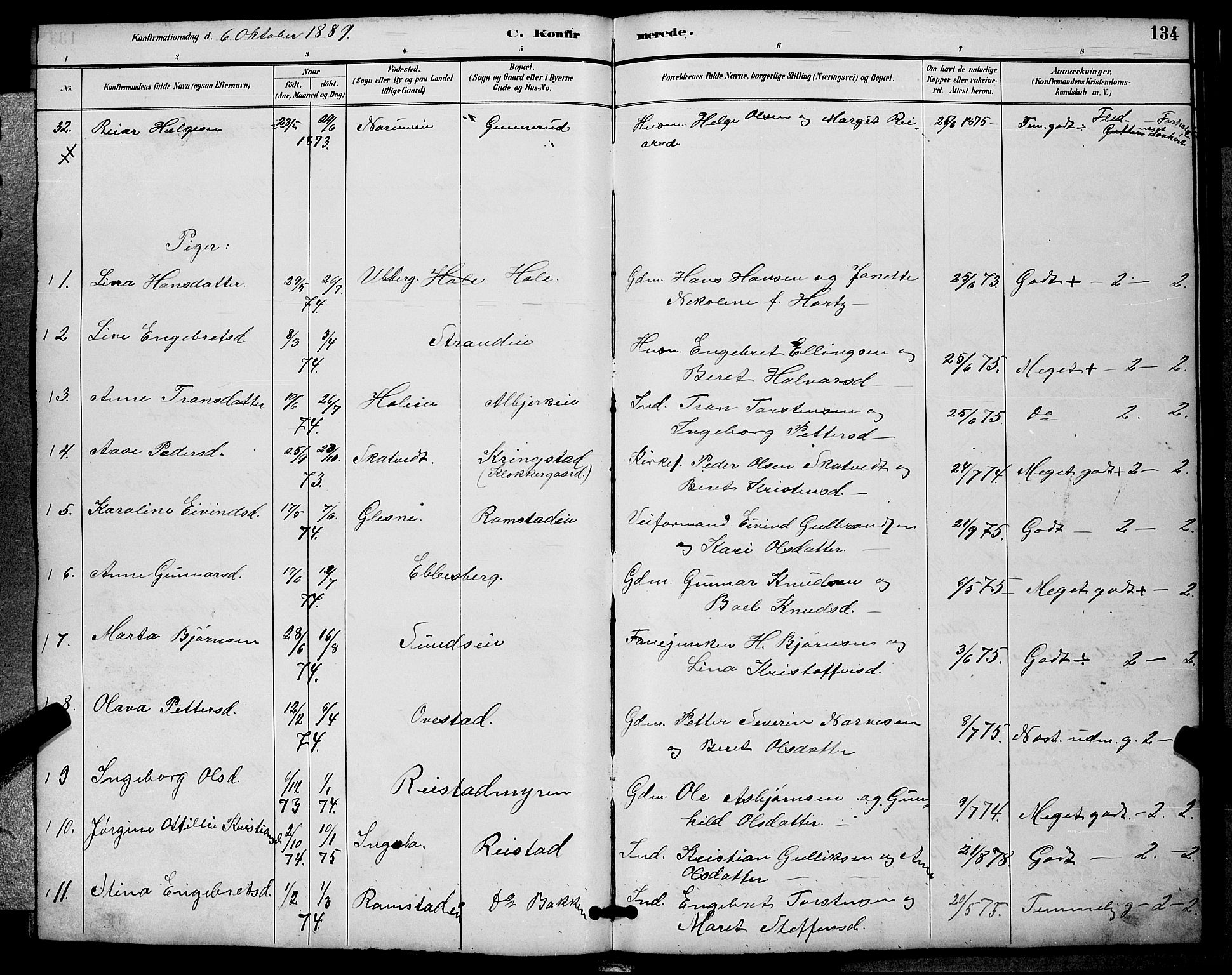 Sigdal kirkebøker, SAKO/A-245/G/Ga/L0005: Parish register (copy) no. I 5, 1886-1900, p. 134