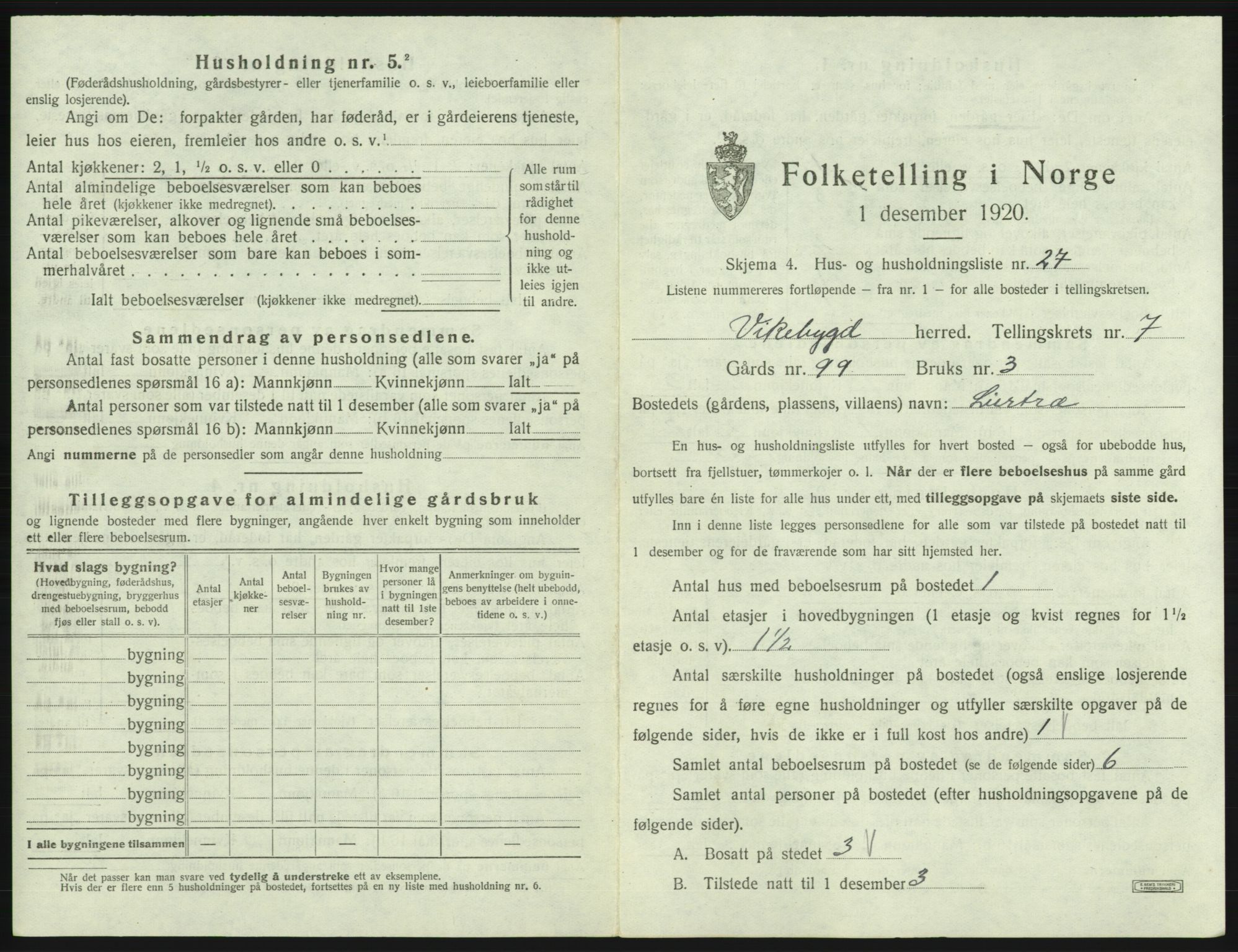 SAB, 1920 census for Vikebygd, 1920, p. 452