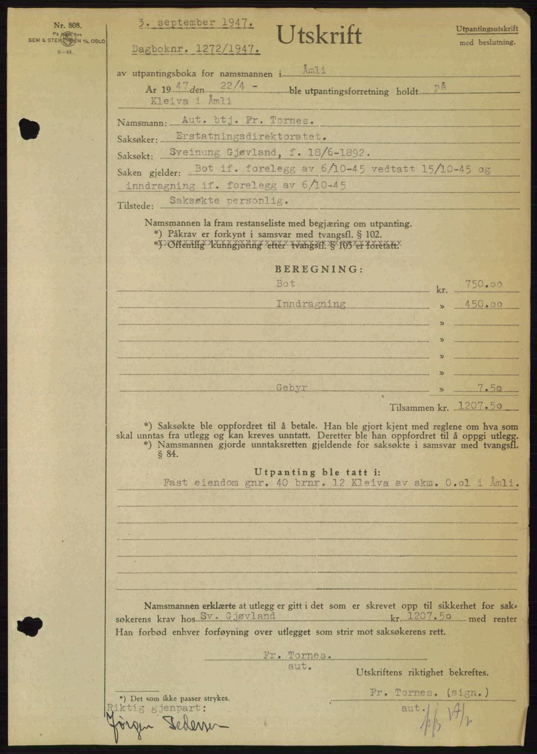 Nedenes sorenskriveri, SAK/1221-0006/G/Gb/Gba/L0058: Mortgage book no. A10, 1947-1948, Diary no: : 1272/1947