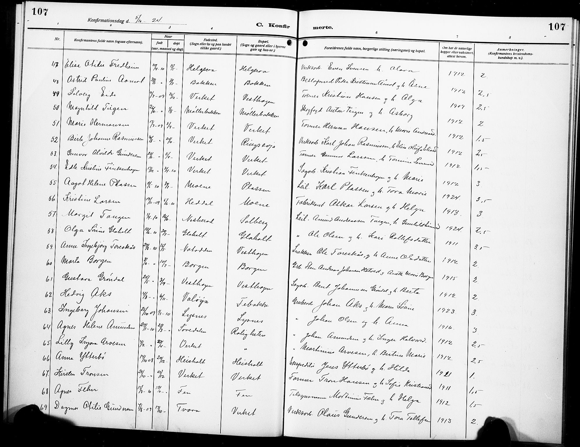 Holla kirkebøker, AV/SAKO-A-272/G/Ga/L0006: Parish register (copy) no. I 6, 1917-1928, p. 107