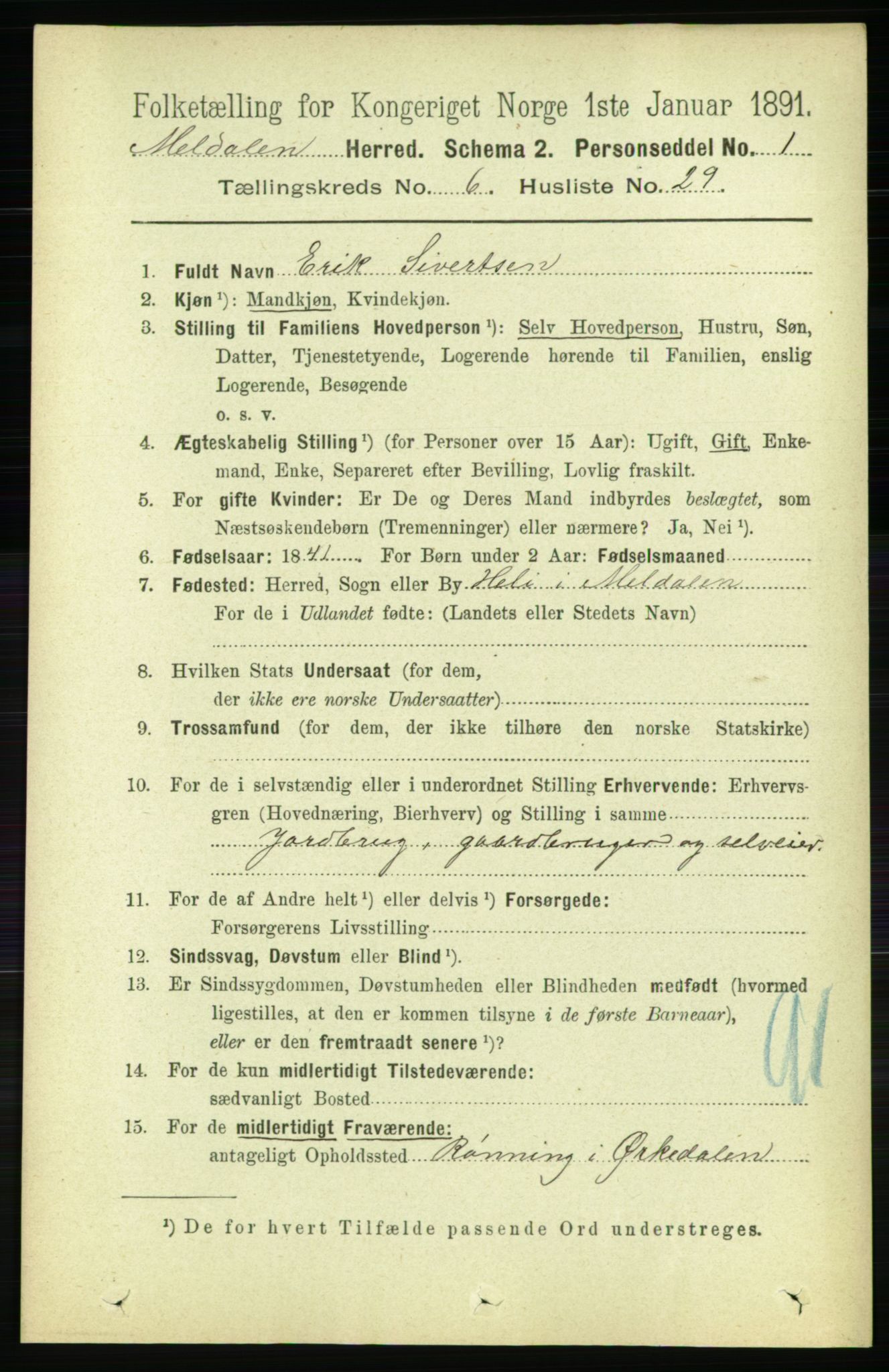 RA, 1891 census for 1636 Meldal, 1891, p. 3042