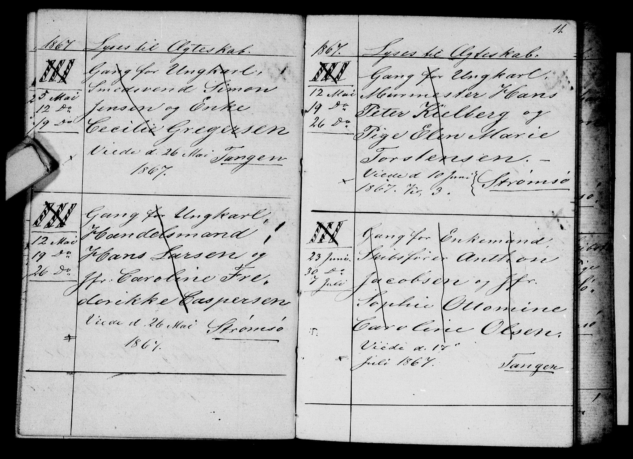 Strømsø kirkebøker, AV/SAKO-A-246/H/Ha/L0003: Banns register no. 3, 1866-1874, p. 11